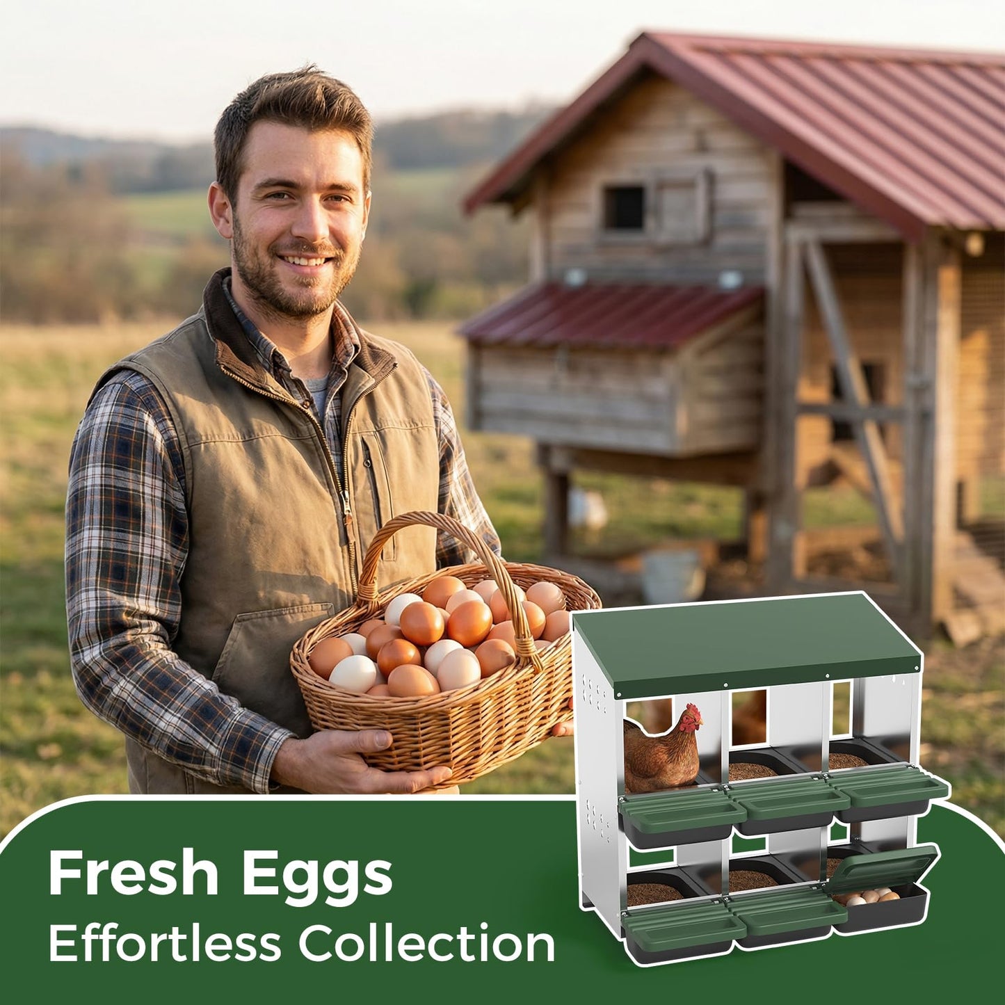 Garvee 6-Hole Chicken Nesting Box Metal Coop with Roll Away Design & Ventilation Holes Galvanized Steel Removable Lid Green for Backyard & Small Farms