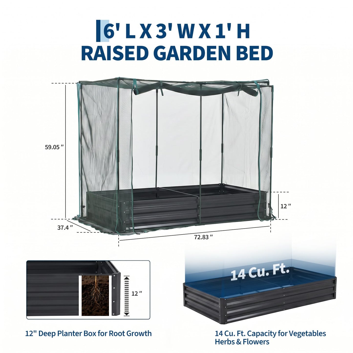 Garvee Self-Watering Raised Garden Bed, 6 x 3 x 1 FT Galvanized Metal Planter with Mesh Crop Cage, Bug Net and 4 Plant Signs for Vegetables and Herbs, Black