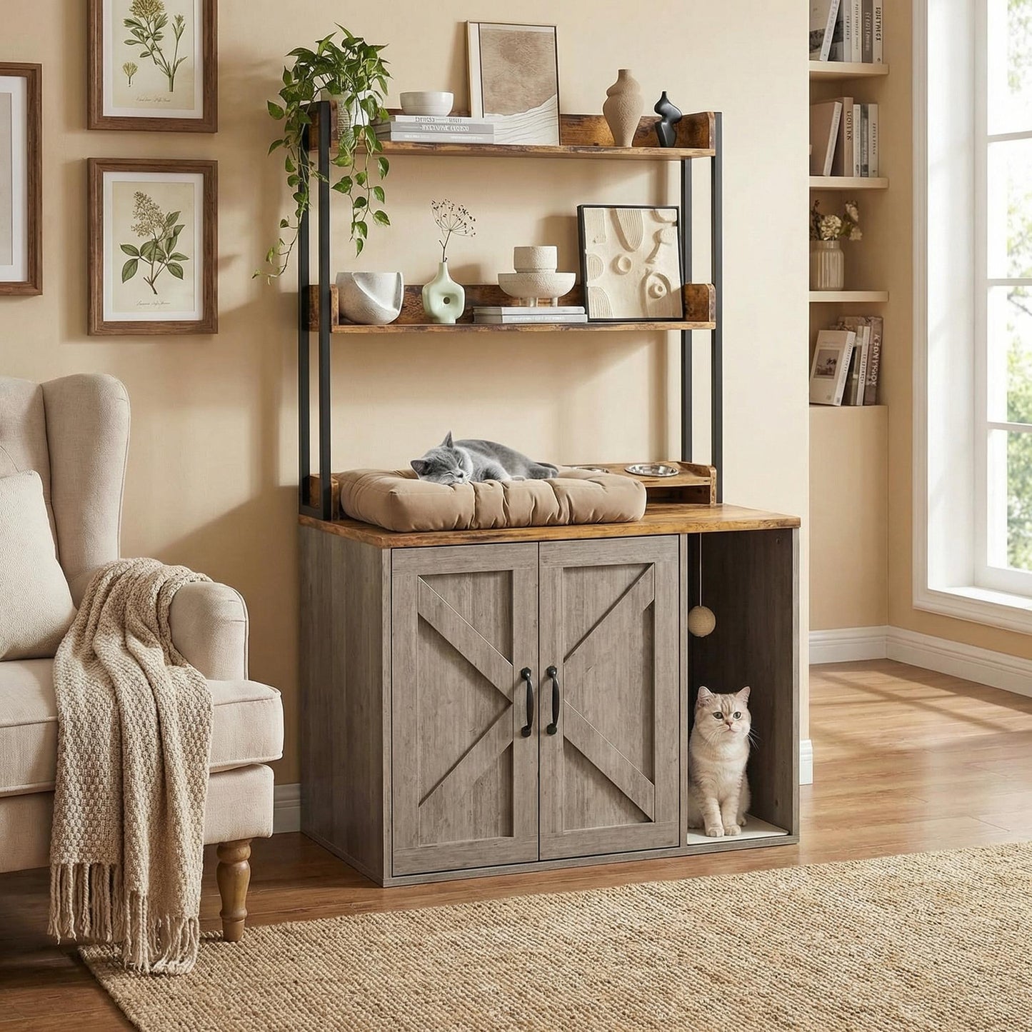 Garvee 55" H Cat Litter Box Enclosure Hidden Litter Box Furniture, Wooden Cat House with 2 Storage Shelves and Charging Sockets, Large Indoor Cabinet for Living Room Entryway, Gray& Brown