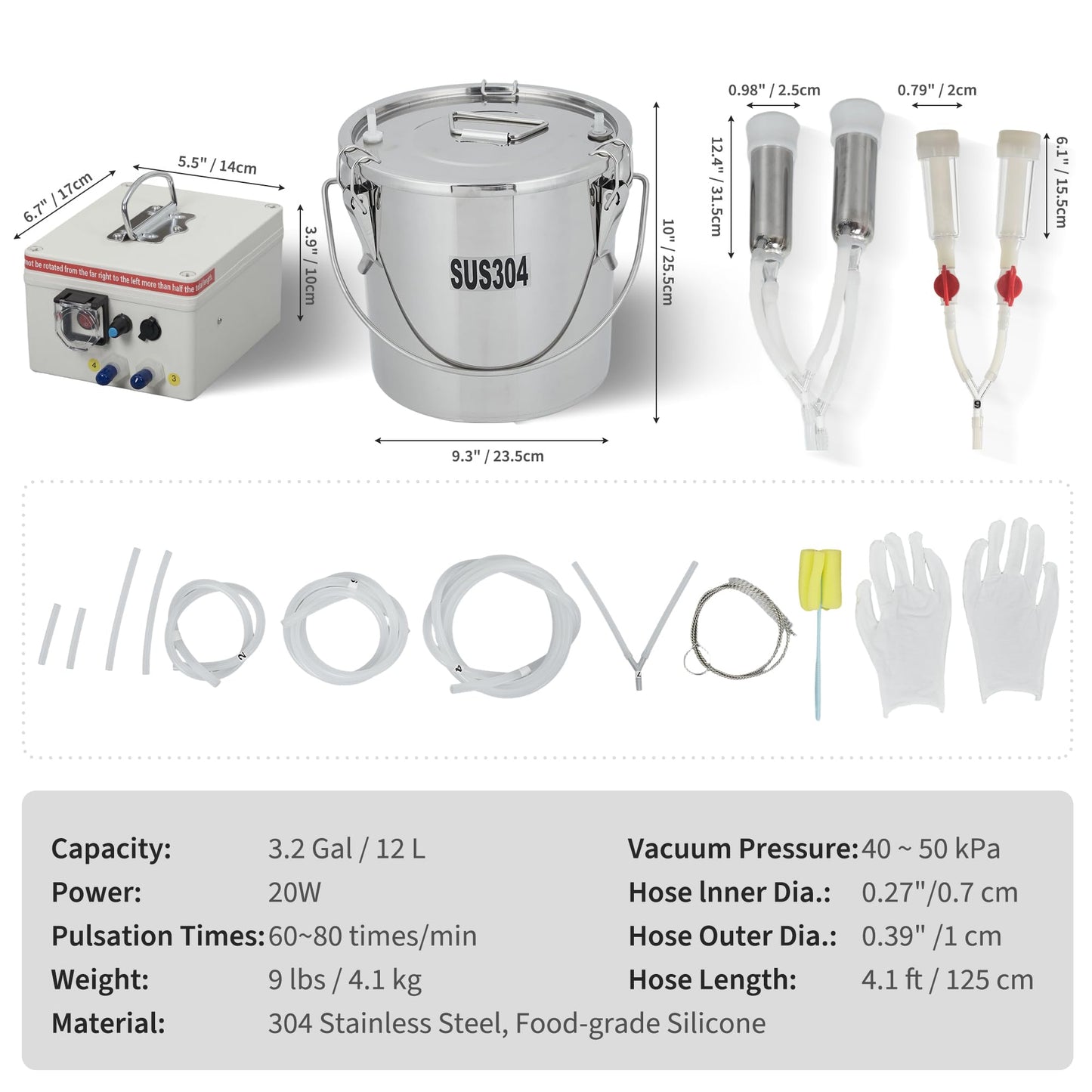 Garvee Electric Milking Machine for Cows & Goats – 12L Stainless Steel Bucket, Automatic Pulsation, 4 Teat Cups, Portable Rechargeable Milker, Adjustable Suction, Built-in 12V 8000mAh Battery