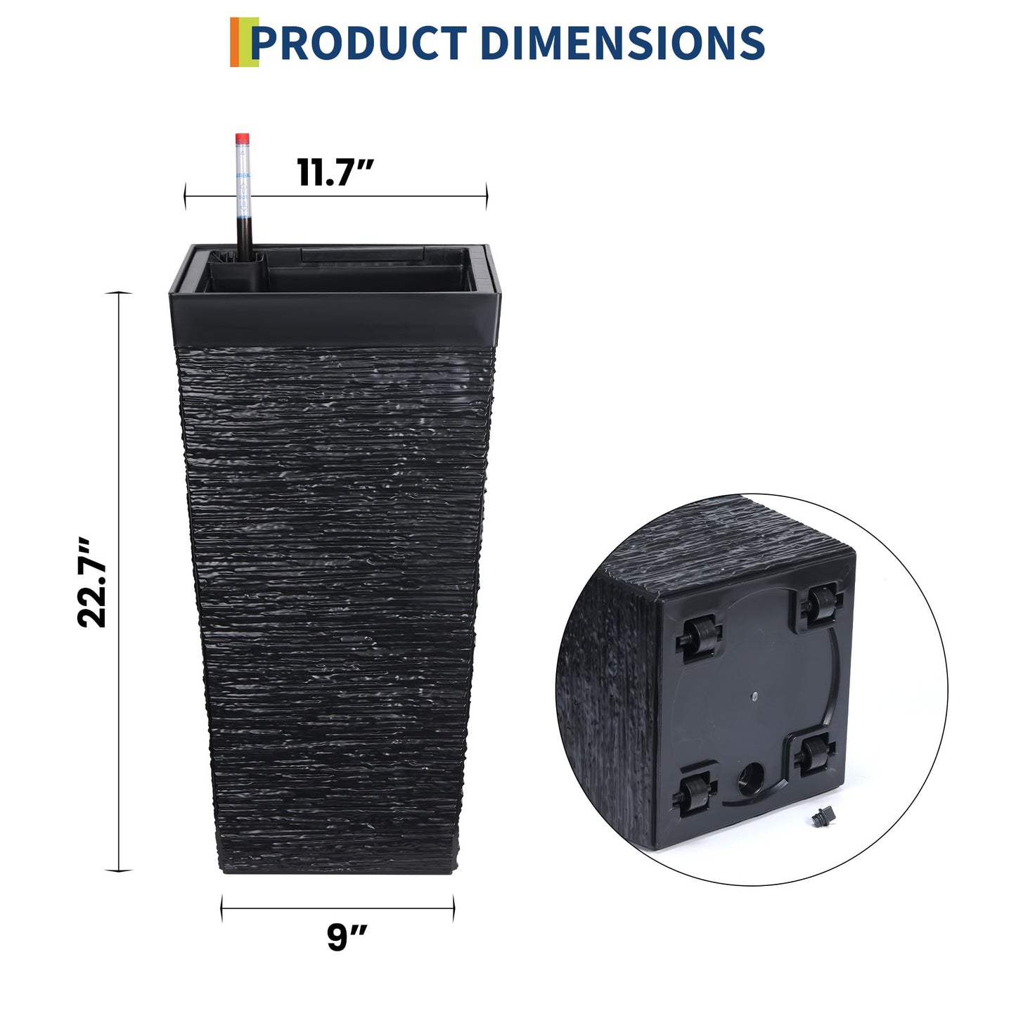 Garvee Self-Watering Tall Planters for Porch and Patio, 2-Pack 22.5-Inch Black Plastic Pots with 2 Water Gauges and Removable Trays