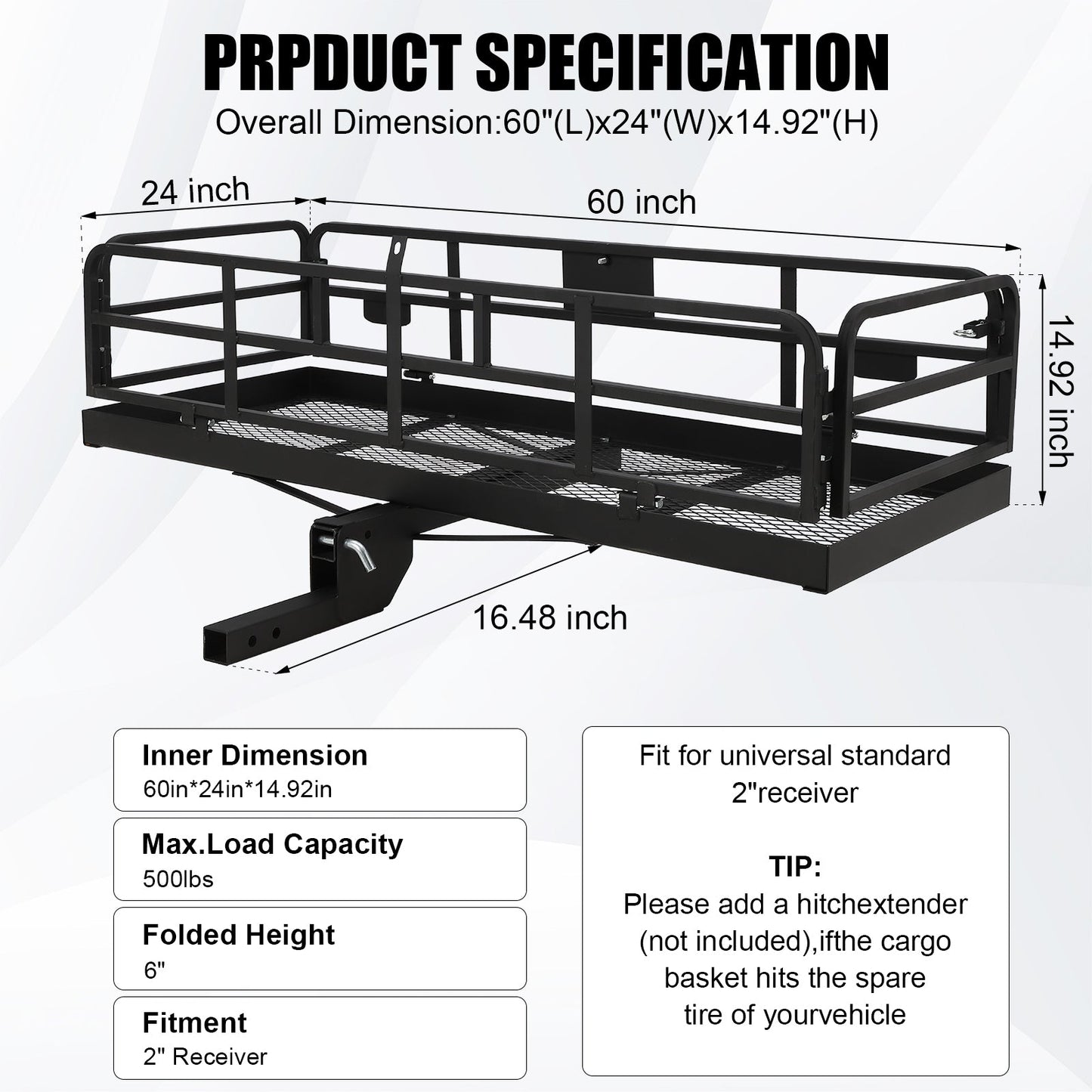 Garvee 500lbs Heavy Duty Collapsible Hitch Cargo Carrier – 60" x 24" x 14.9" Basket Rack with High Side Rails – Fits 2" Receiver for Truck, SUV, RV, Van – Ideal for Camping, Travel, Storage – Black
