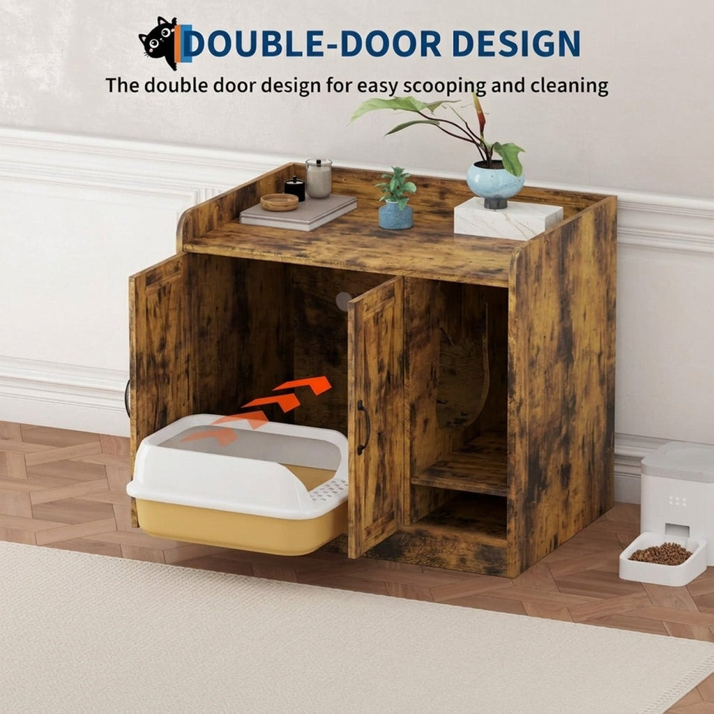 Garvee Cat Litter Box Enclosure, Hidden Litter Box Furniture with Divider, Indoor Cat House, Wooden Cat Washroom Storage Cabinet Bench, Side End Table Nightstand, 33.07"L × 23.62"W × 23.92"H, Rustic Brown
