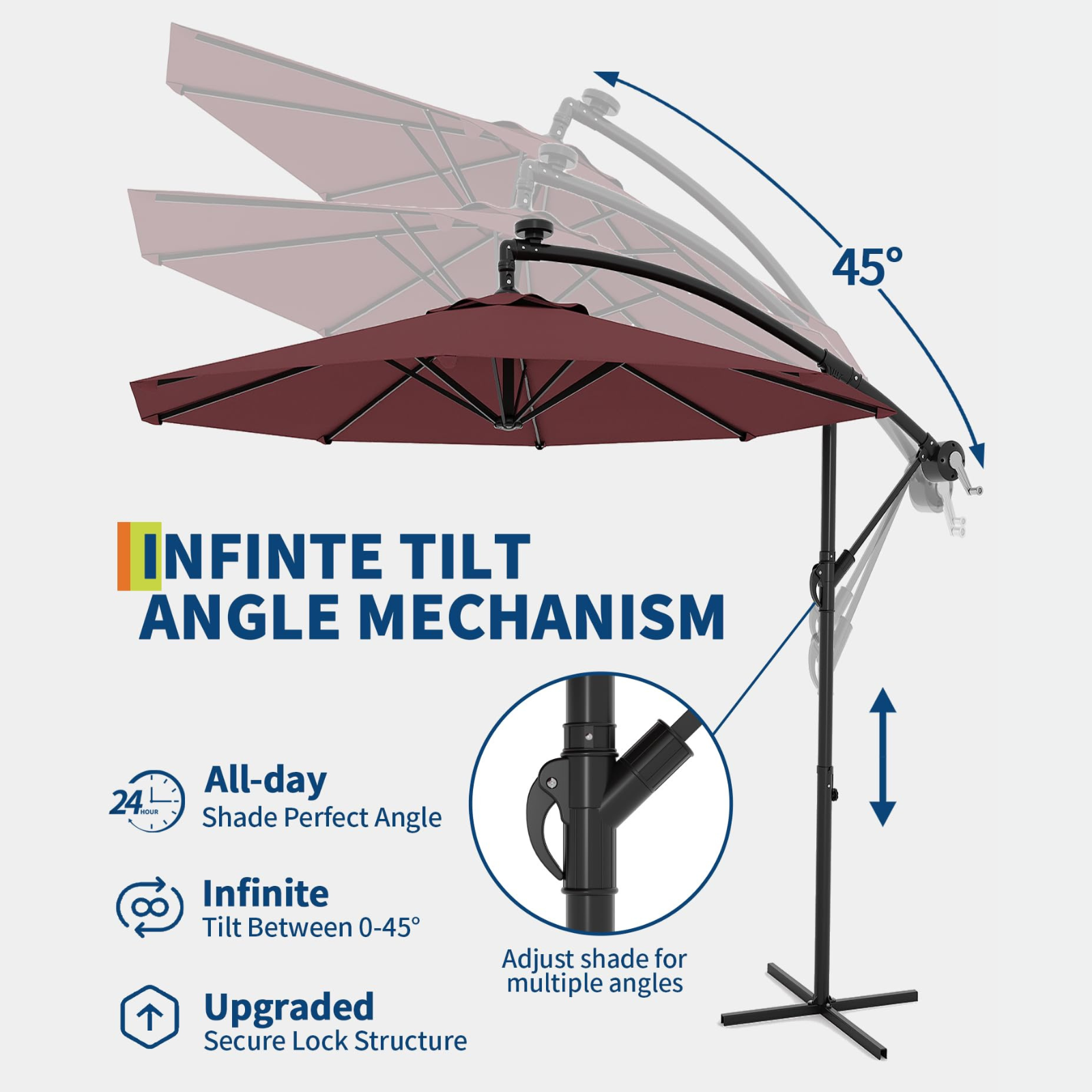 Garvee 10' Cantilever Umbrella with 360 Rotating Base, UV Protection Offset Patio Umbrella 12 Ribs Outdoor Sun Shade with Easy Tilt Adjustment for Backyard, Lawn, Garden, Wine Red