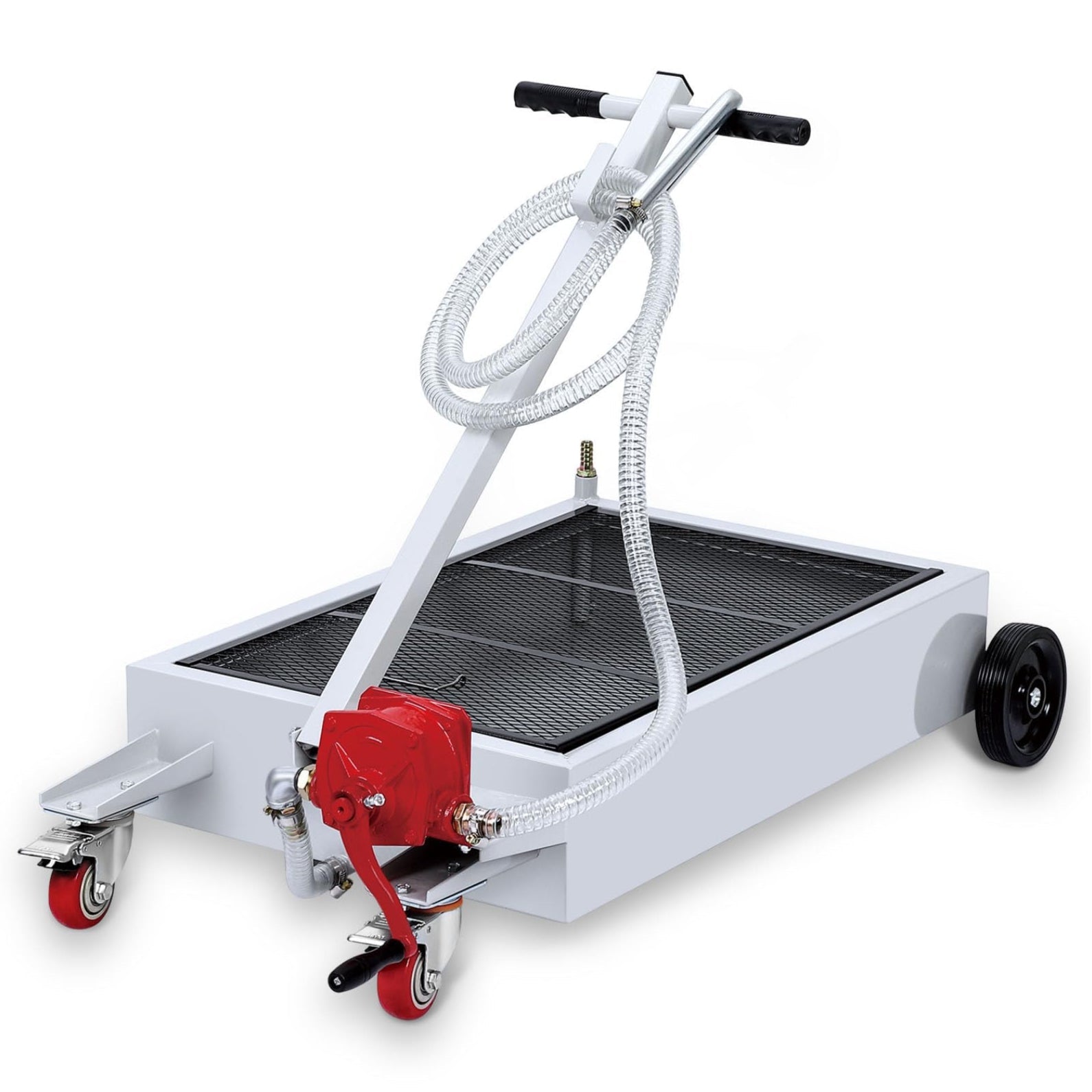 Garvee Hand Pump & Hose Oil Drain Pan with 15 Gal Low Profile & 8 Ft Hose - Silver