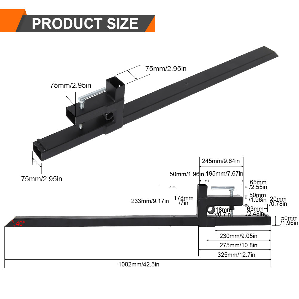 Garvee Pallet Forks 43 Inch Clip-On Tractor Forks 1500 lbs Capacity Adjustable Stabilizer Bar Steel Durable for Skid Steer Agriculture Farms