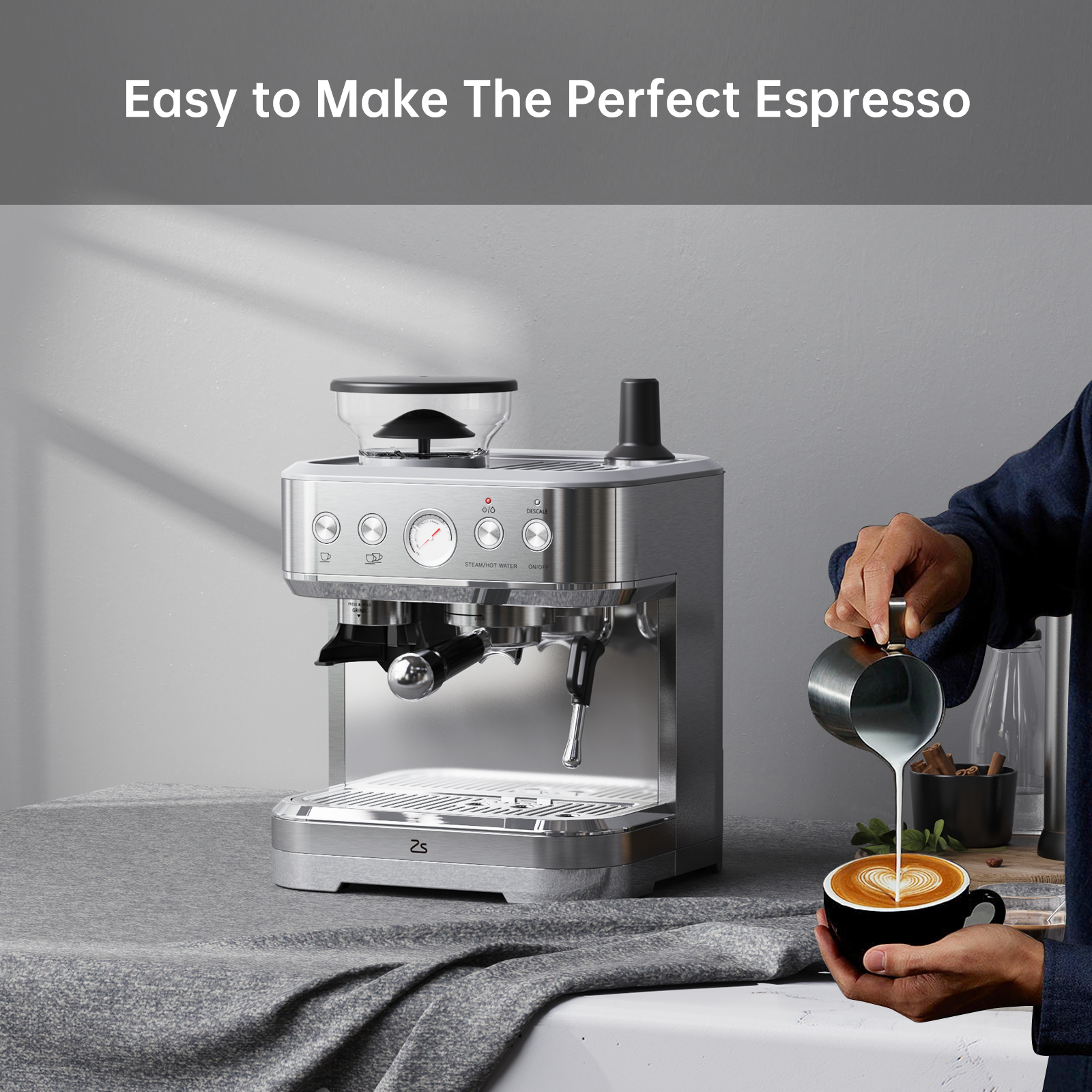 Garvee All-in-One Espresso Machine with Milk Frother, Cappuccino Latte Coffee Maker for Home Barista, Built-In Bean Grinder,85oz Removable Water Tank,Gifts for Dad,Mom,Coffee Lover
