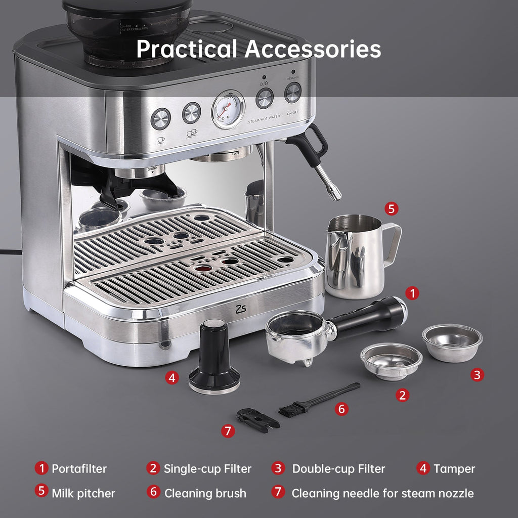 Garvee All-in-One Espresso Machine with Milk Frother, Cappuccino Latte Coffee Maker for Home Barista, Built-In Bean Grinder,85oz Removable Water Tank,Gifts for Dad,Mom,Coffee Lover