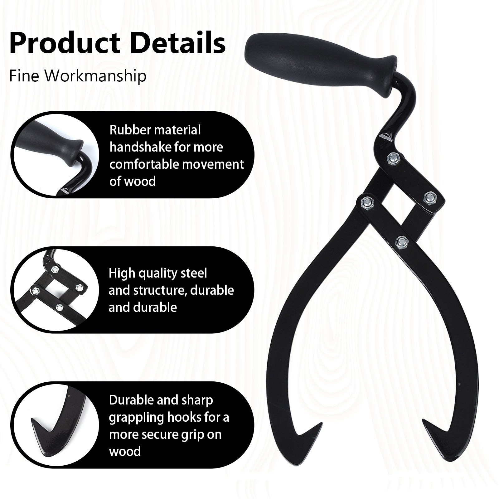 Garvee 10 Inch Log Tongs Handheld Logging Skidding Tool with Non-Slip Grip and Sharp Steel Jaws for Secure Log Handling, Portable Steel, Includes Gloves, Suitable for Outdoor Logging