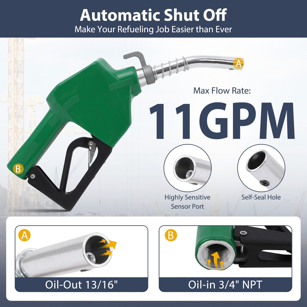 Garvee Automatic Fuel Nozzle, 3/4" NPT Inlet Thread & 13/16" Spout, 11 GPM Max Flow Rate, Auto Shut Off, Aluminum & PVC Gas Pump Handle with 360° Swivel for Gasoline Diesel Kerosene Refilling