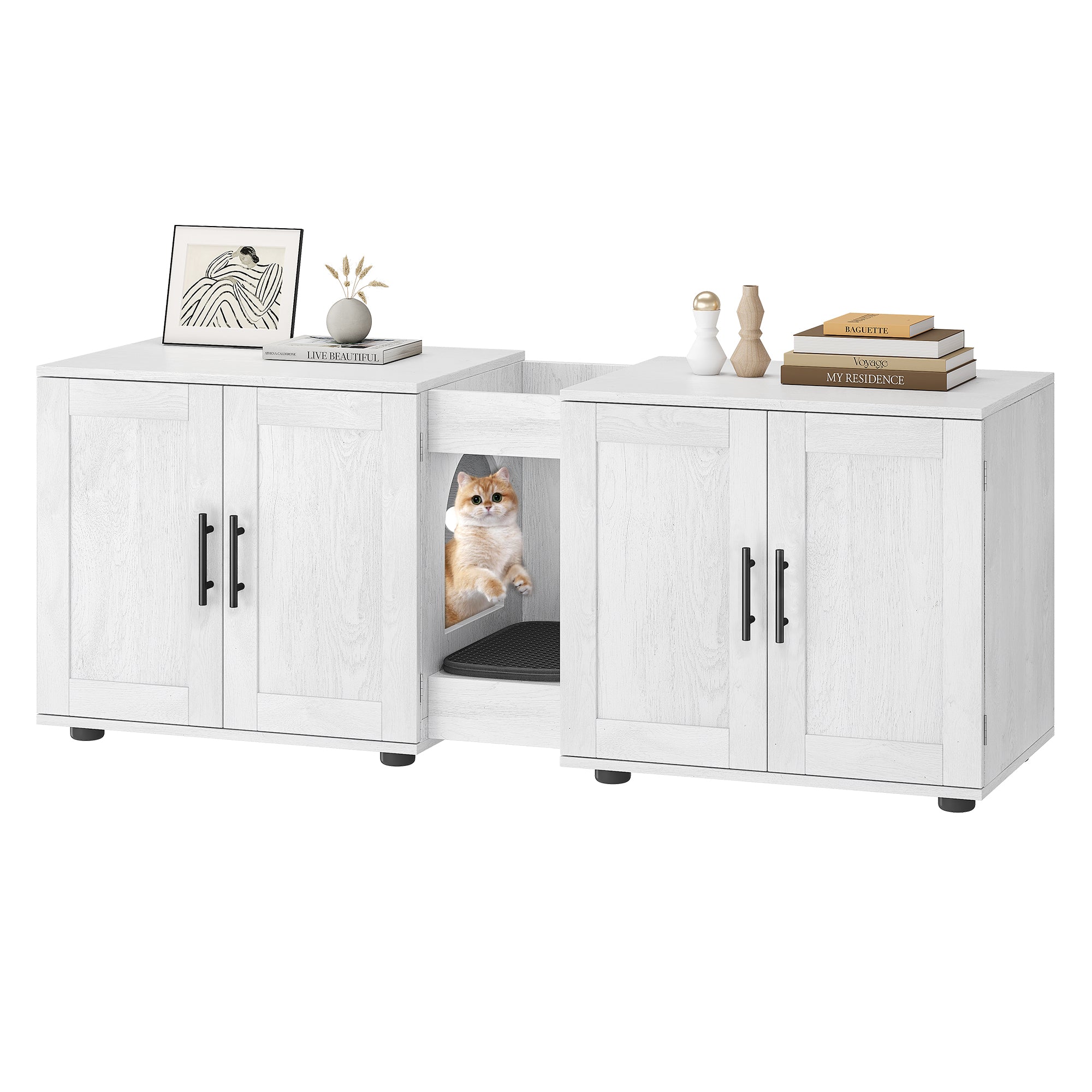Garvee Litter Box Enclosure with Double Room, Hidden Cat Litter Box Cabinet Furniture for 2 Cats with Storage Groove & Odor-Reducing Mat, Wooden Enclosed Cat House for Home Apartment, White