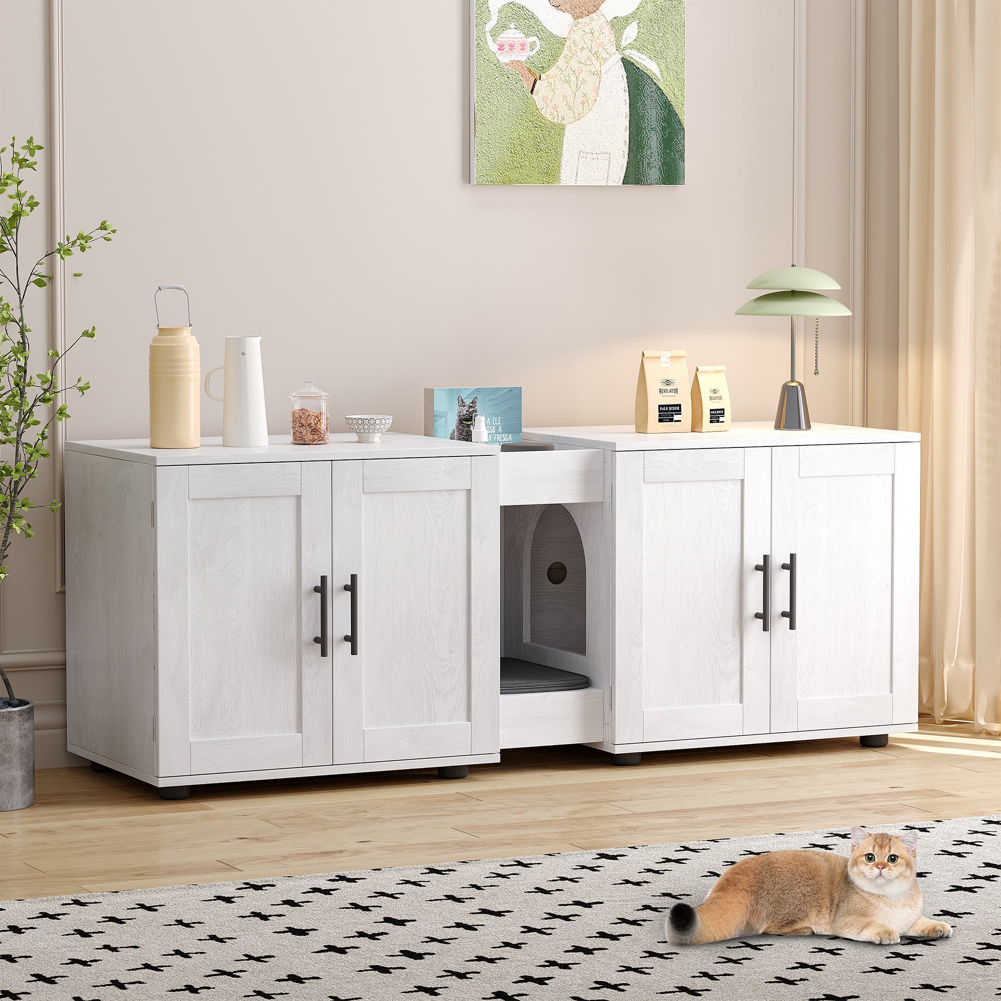 Garvee Litter Box Enclosure with Double Room, Hidden Cat Litter Box Cabinet Furniture for 2 Cats with Storage Groove & Odor-Reducing Mat, Wooden Enclosed Cat House for Home Apartment, White