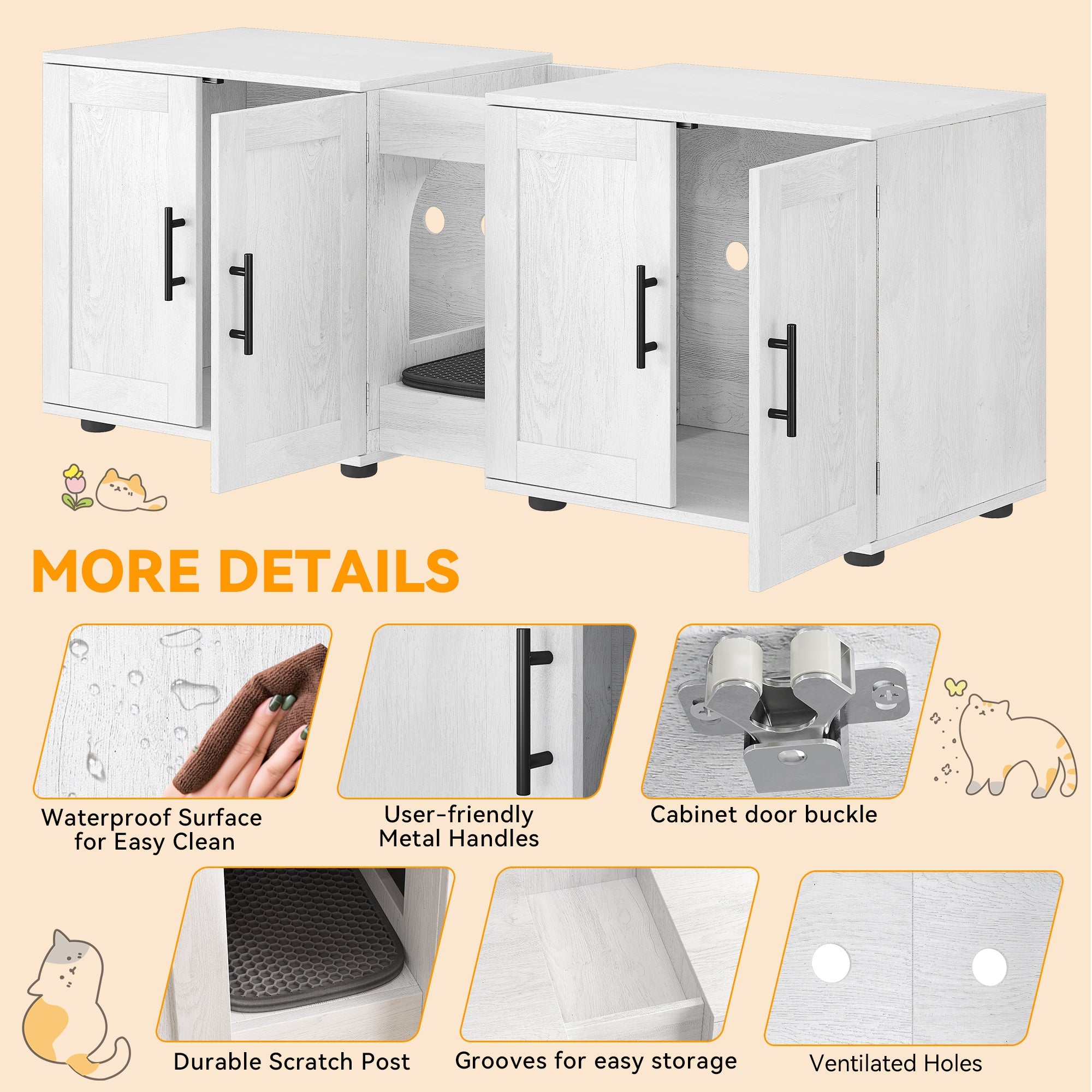 Garvee Litter Box Enclosure with Double Room, Hidden Cat Litter Box Cabinet Furniture for 2 Cats with Storage Groove & Odor-Reducing Mat, Wooden Enclosed Cat House for Home Apartment, White