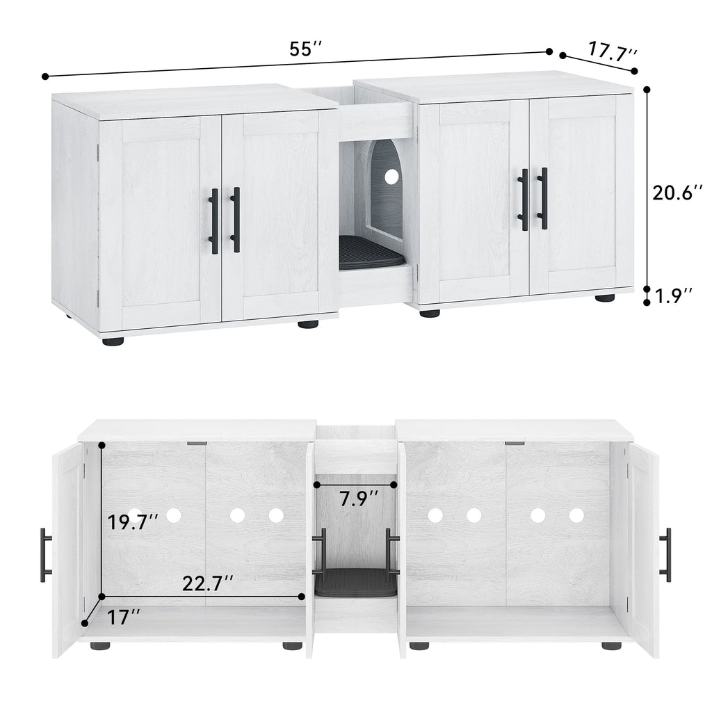 Garvee Litter Box Enclosure with Double Room, Hidden Cat Litter Box Cabinet Furniture for 2 Cats with Storage Groove & Odor-Reducing Mat, Wooden Enclosed Cat House for Home Apartment, White