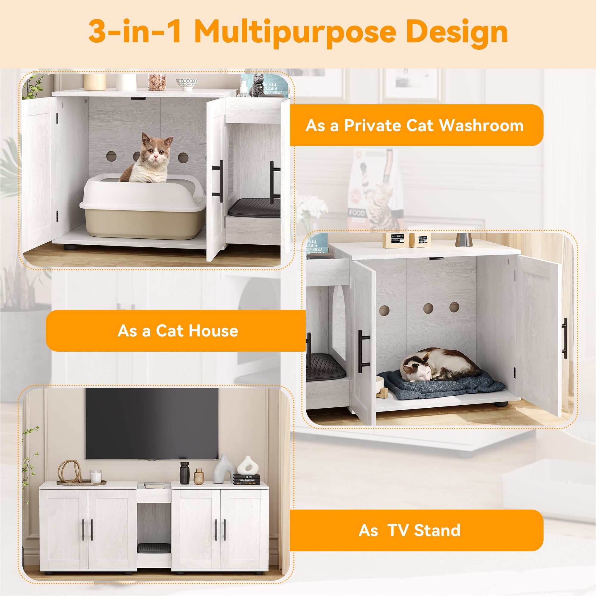 Garvee Litter Box Enclosure with Double Room, Hidden Cat Litter Box Cabinet Furniture for 2 Cats with Storage Groove & Odor-Reducing Mat, Wooden Enclosed Cat House for Home Apartment, White