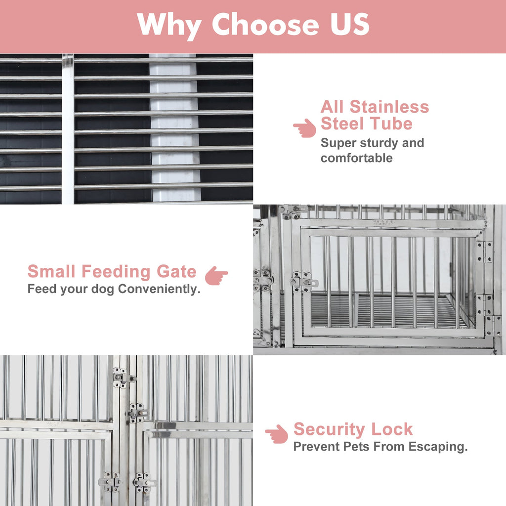 Garvee 48" Heavy Duty Dog Crate Cage Kennel with Wheels, Full Stainless Steel High Anxiety Indestructible Dog Crate, Sturdy Locks Design, Double Door Small Door Design & Removable Tray Design (Silver)