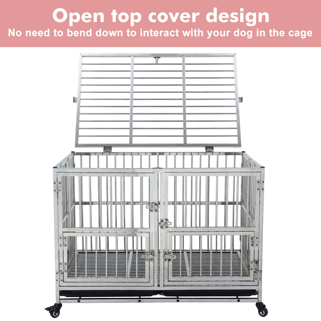 Garvee 48" Heavy Duty Dog Crate Cage Kennel with Wheels, Full Stainless Steel High Anxiety Indestructible Dog Crate, Sturdy Locks Design, Double Door Small Door Design & Removable Tray Design (Silver)