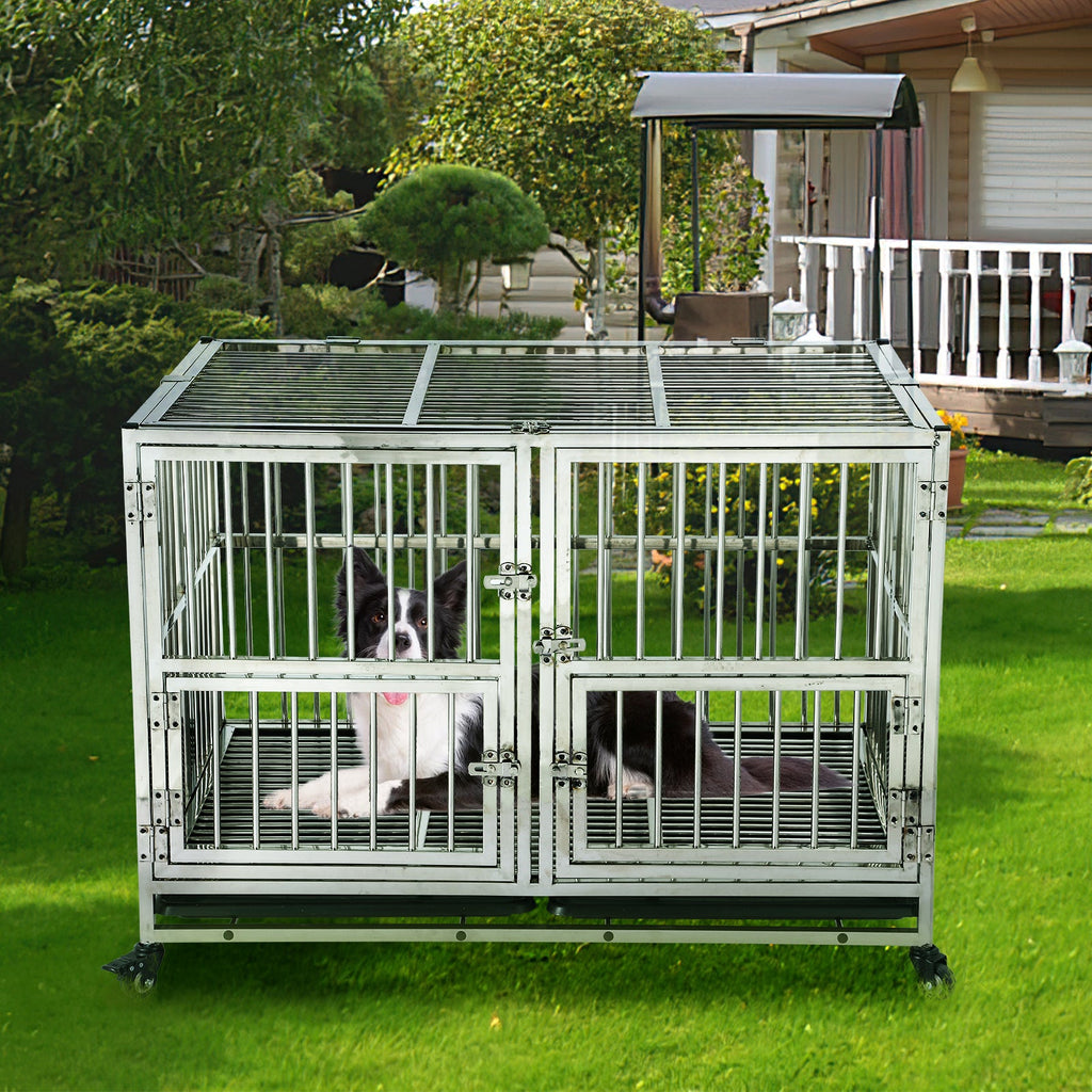 Garvee 48" Heavy Duty Dog Crate Cage Kennel with Wheels, Full Stainless Steel High Anxiety Indestructible Dog Crate, Sturdy Locks Design, Double Door Small Door Design & Removable Tray Design (Silver)