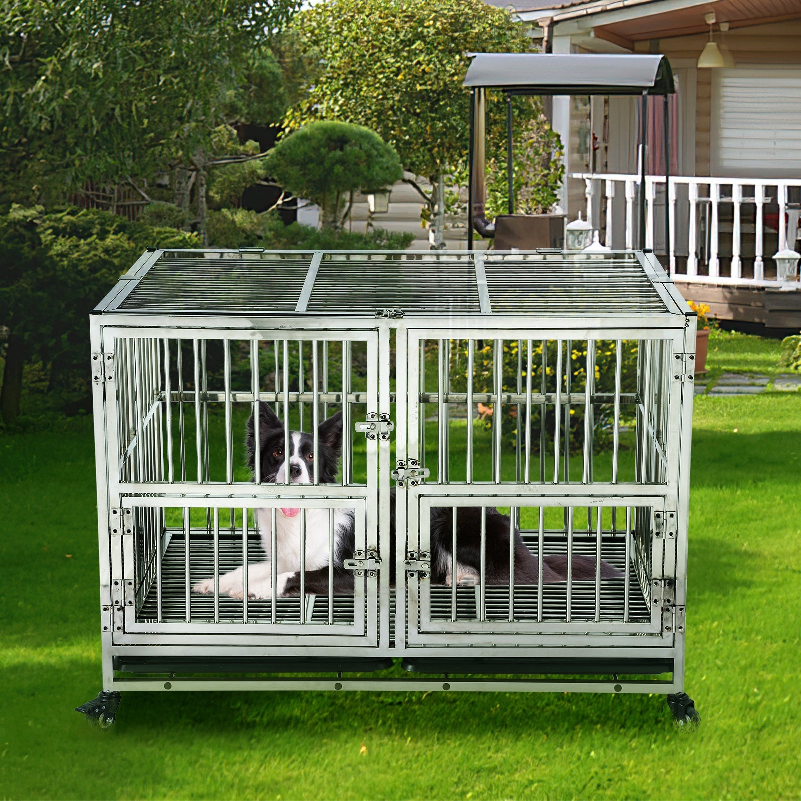 Garvee 48" Heavy Duty Dog Crate Cage Kennel with Wheels, Full Stainless Steel High Anxiety Indestructible Dog Crate, Sturdy Locks Design, Double Door Small Door Design & Removable Tray Design (Silver)