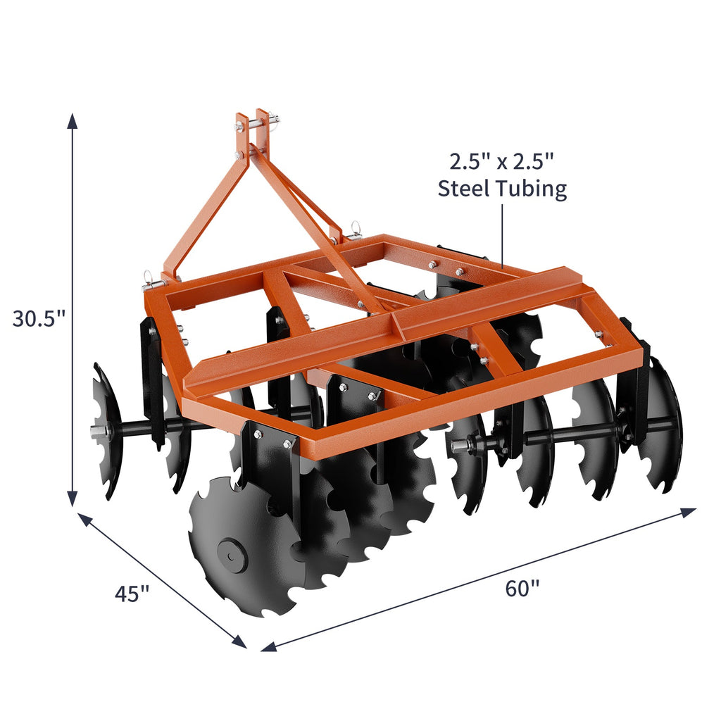 Garvee 5ft Disc Harrow Plow Tractor Attachment – 3-Point Hitch, 16” Notched Discs for Field Cultivation & Soil Preparation