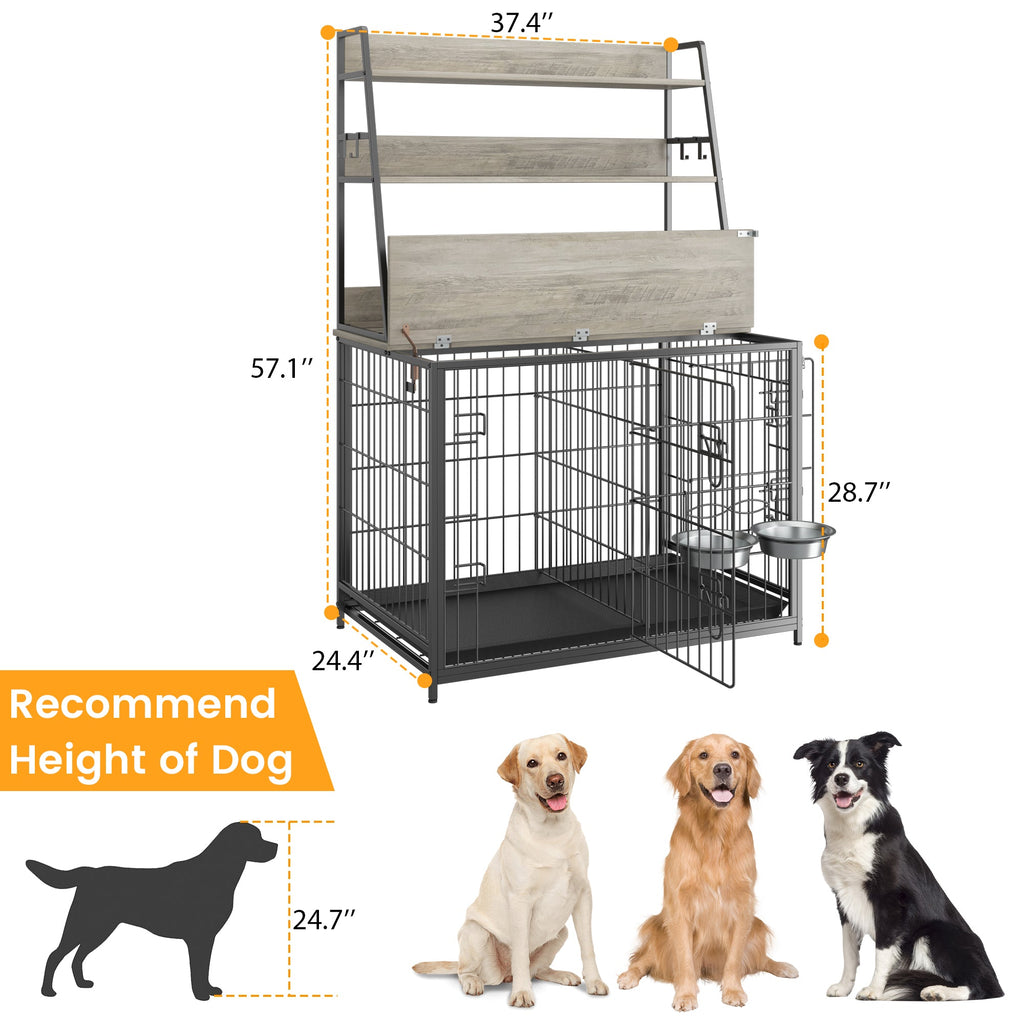 Garvee Wooden Dog Crate Furniture with Storage Shelves, Removable Tray, Double Doors, Adjustable Bowls and Flip-up Top, Grey