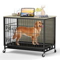 Garvee Dog Crate Furniture, 32.5" Wooden Dog Kennel Furniture Style Dog Crate with Removable Tray and Wheels, Heavy-Duty Double-Doors Dog Cage End Table, Indoor Dog House for Large Dogs, Grey