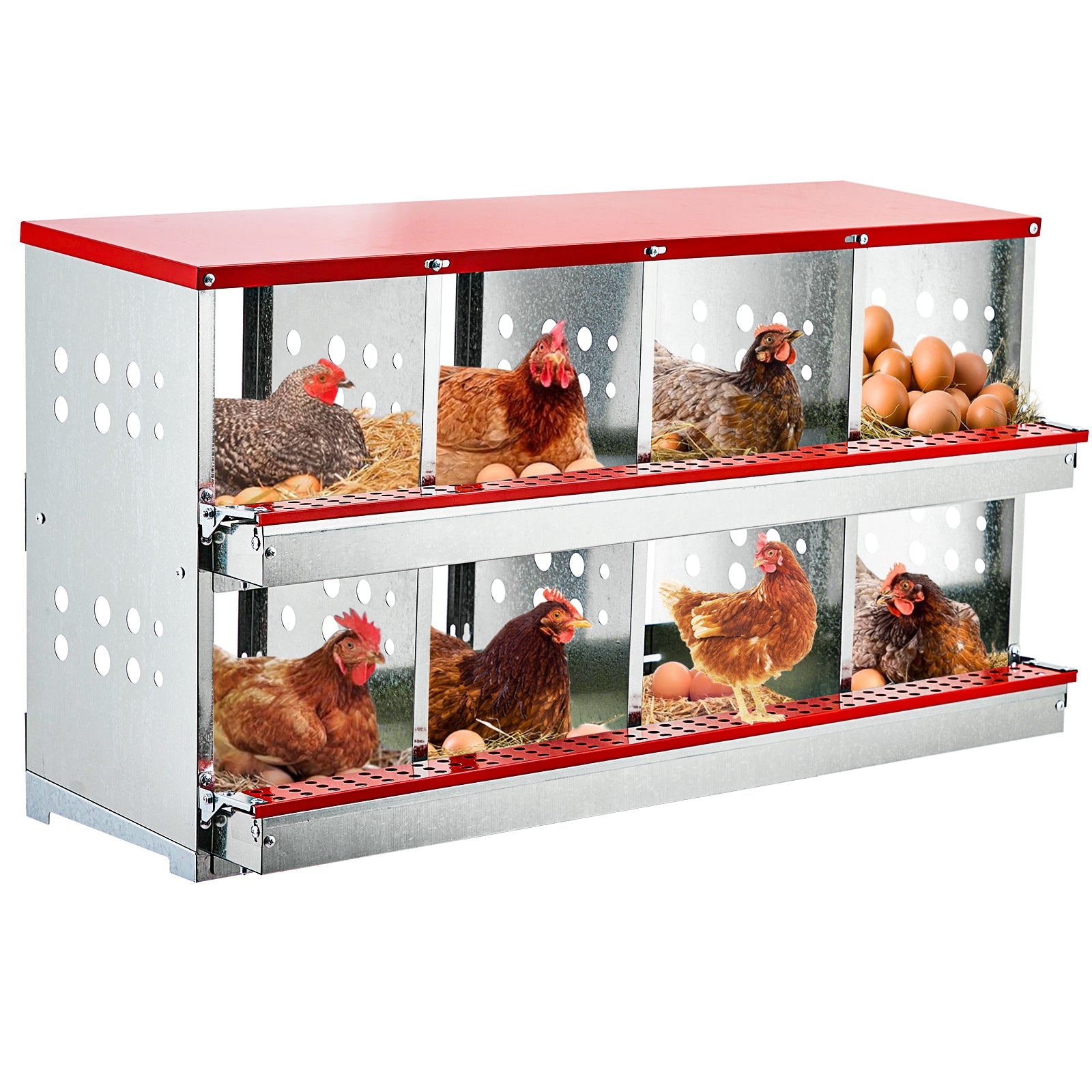 Garvee Chicken Nesting Boxes for Laying Eggs, 8 Compartment Metal Roll Out Away Nesting Boxes for Hens, Nesting Gift Boxes for Chickens Duck Poultry, Heavy Duty Chicken Coop with Perch