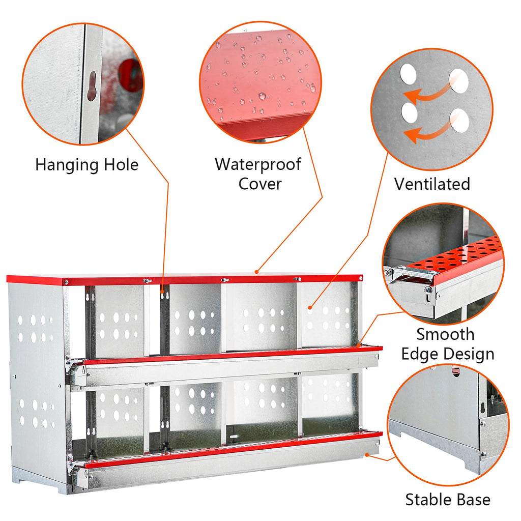 Garvee Chicken Nesting Boxes for Laying Eggs, 8 Compartment Metal Roll Out Away Nesting Boxes for Hens, Nesting Gift Boxes for Chickens Duck Poultry, Heavy Duty Chicken Coop with Perch