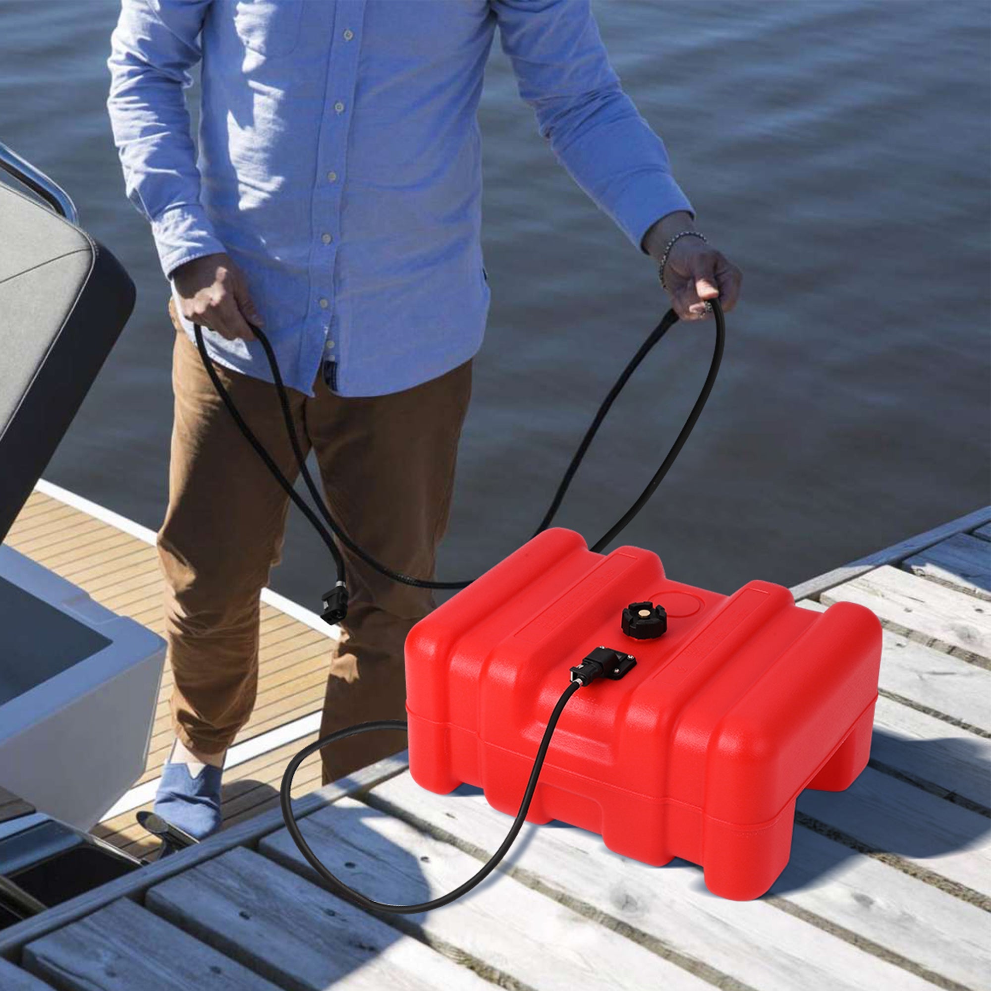 Garvee Marine Fuel Tank, 14-Gallon Outboard Marine Portable Fuel Tank with Fuel Line, I-Shaped Handle, Easy to Carry