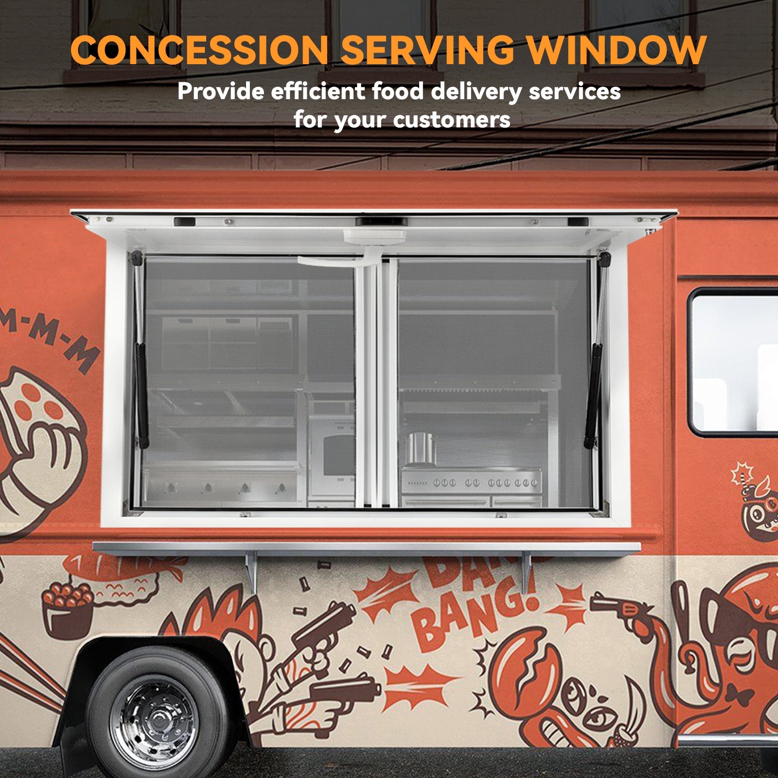 Garvee 48" W x 36" H Concession Window - Aluminum Alloy Food Truck Service Window with 2 Horizontal Sliding Screens and Awning Door