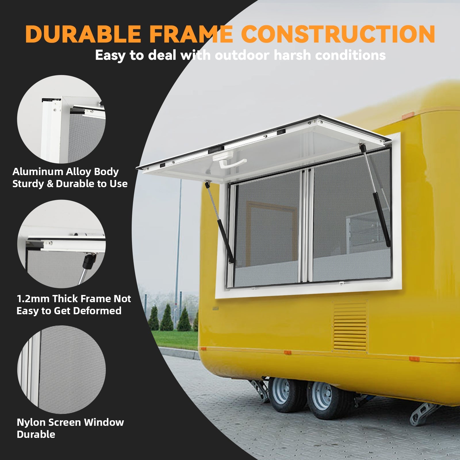 Garvee 48" W x 36" H Concession Window - Aluminum Alloy Food Truck Service Window with 2 Horizontal Sliding Screens and Awning Door