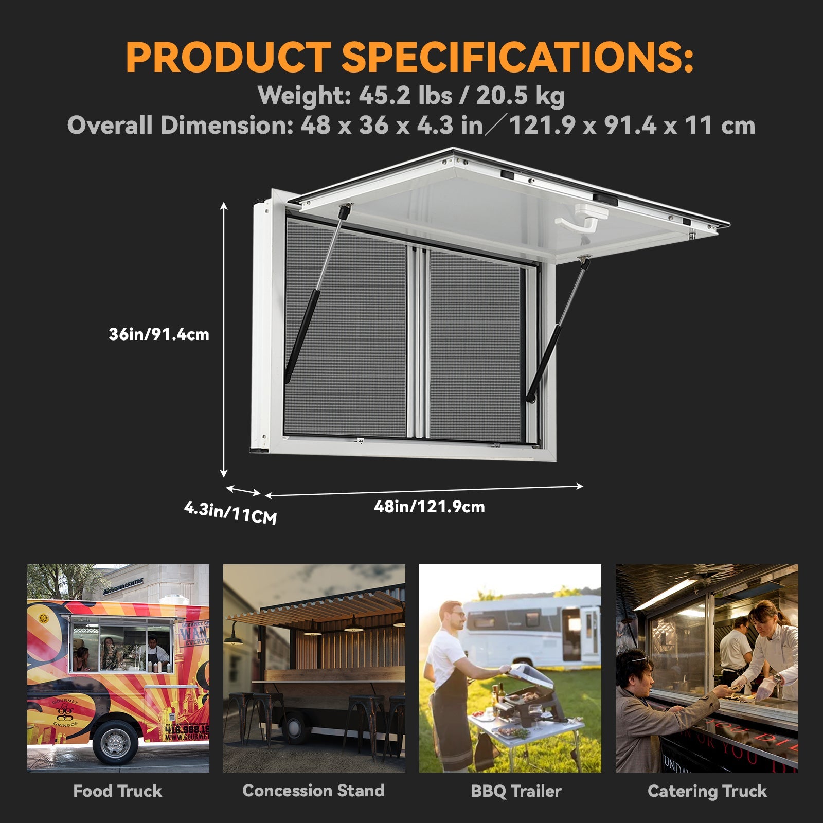 Garvee 48" W x 36" H Concession Window - Aluminum Alloy Food Truck Service Window with 2 Horizontal Sliding Screens and Awning Door