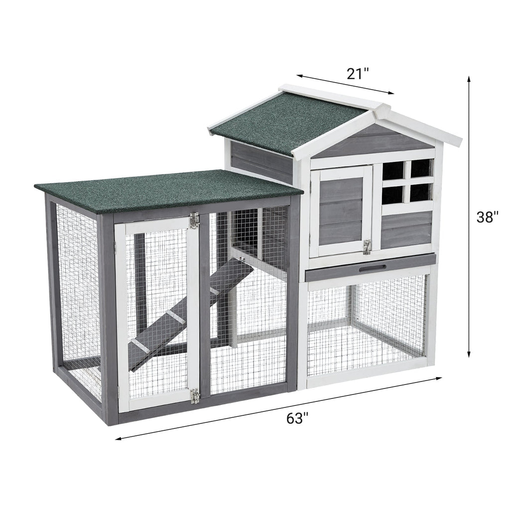Garvee 46.5" Wooden Rabbit Hutch - 2-Tier Outdoor Small Animal Cage with Weatherproof PVC Roof, 2 Lockable Doors, Removable Waste Tray and Play Courtyard, Green and White