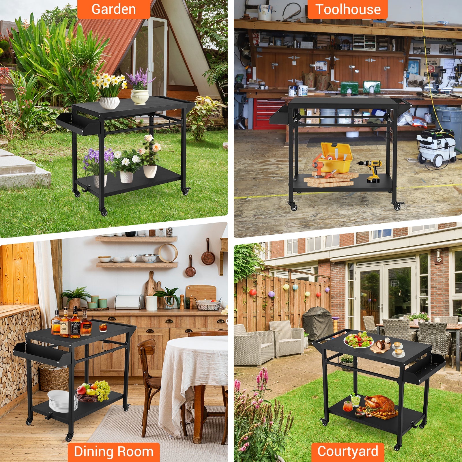 Garvee Outdoor Grill Cart, Pizza Oven Stand Table with Lockable Wheels for Outside Patio, Heavy Duty Movable Outdoor Cooking Prep Table BBQ Smoker Cart for Backyard, Camping and Parties, Black