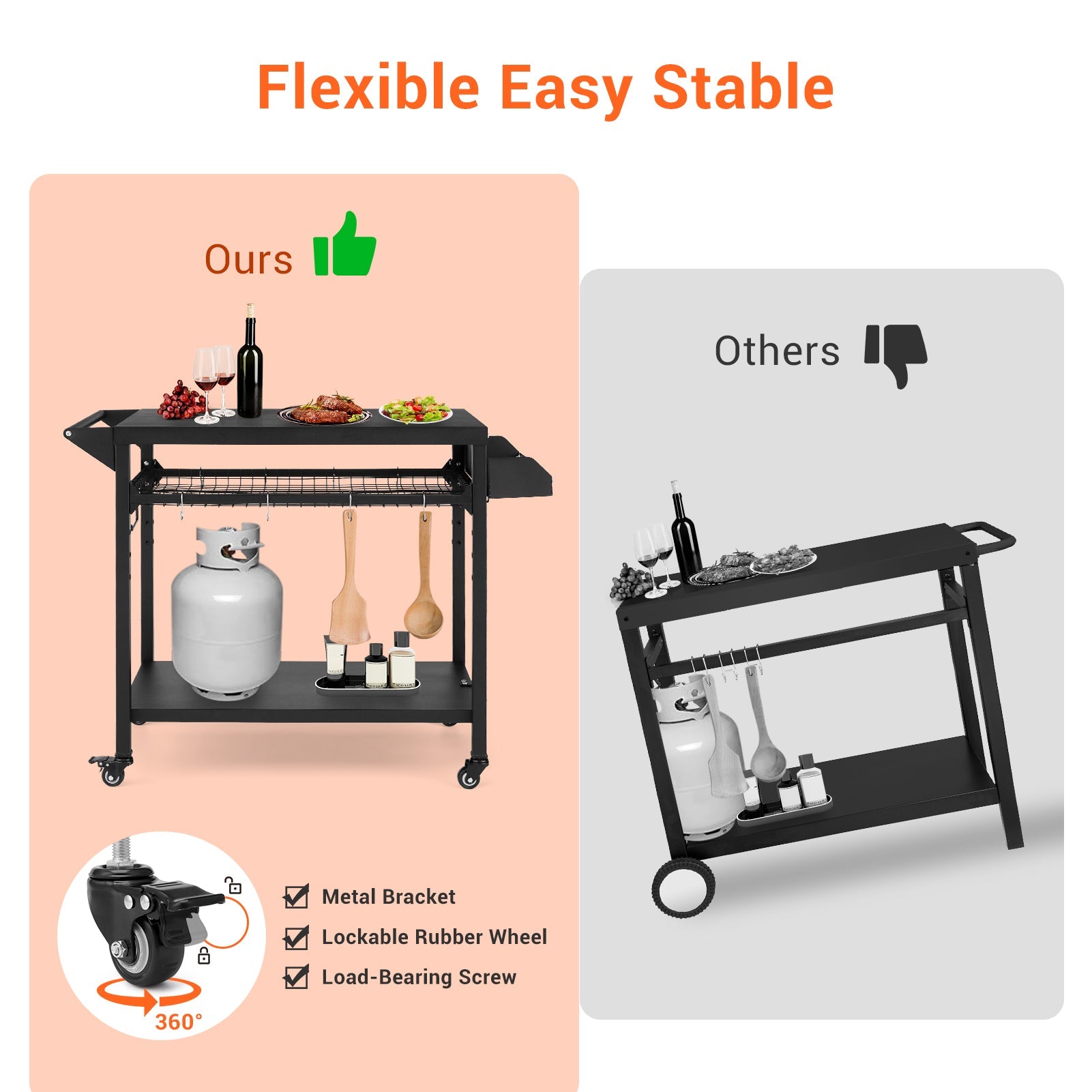 Garvee Outdoor Grill Cart, Pizza Oven Stand Table with Mesh Racks Dining Cart Table for Outside Patio, Movable Kitchen Cooking Prep Table BBQ Cart with Wheels for Home Party, Bar, Camping, Black