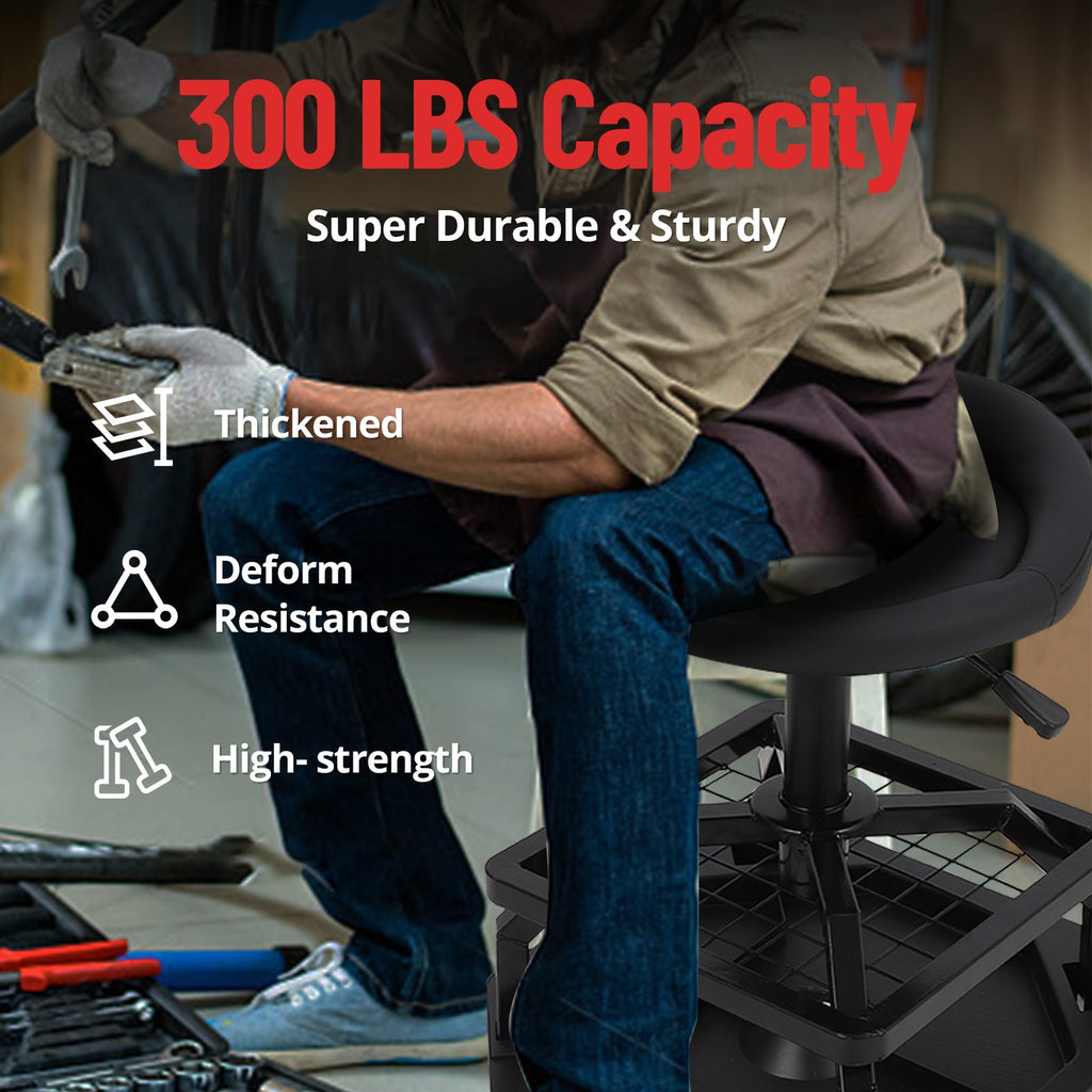 Garvee 330LBS Rolling Shop Stool Heavy-Duty Mechanic Stool With Casters For Garage, Comfortable Support, Black