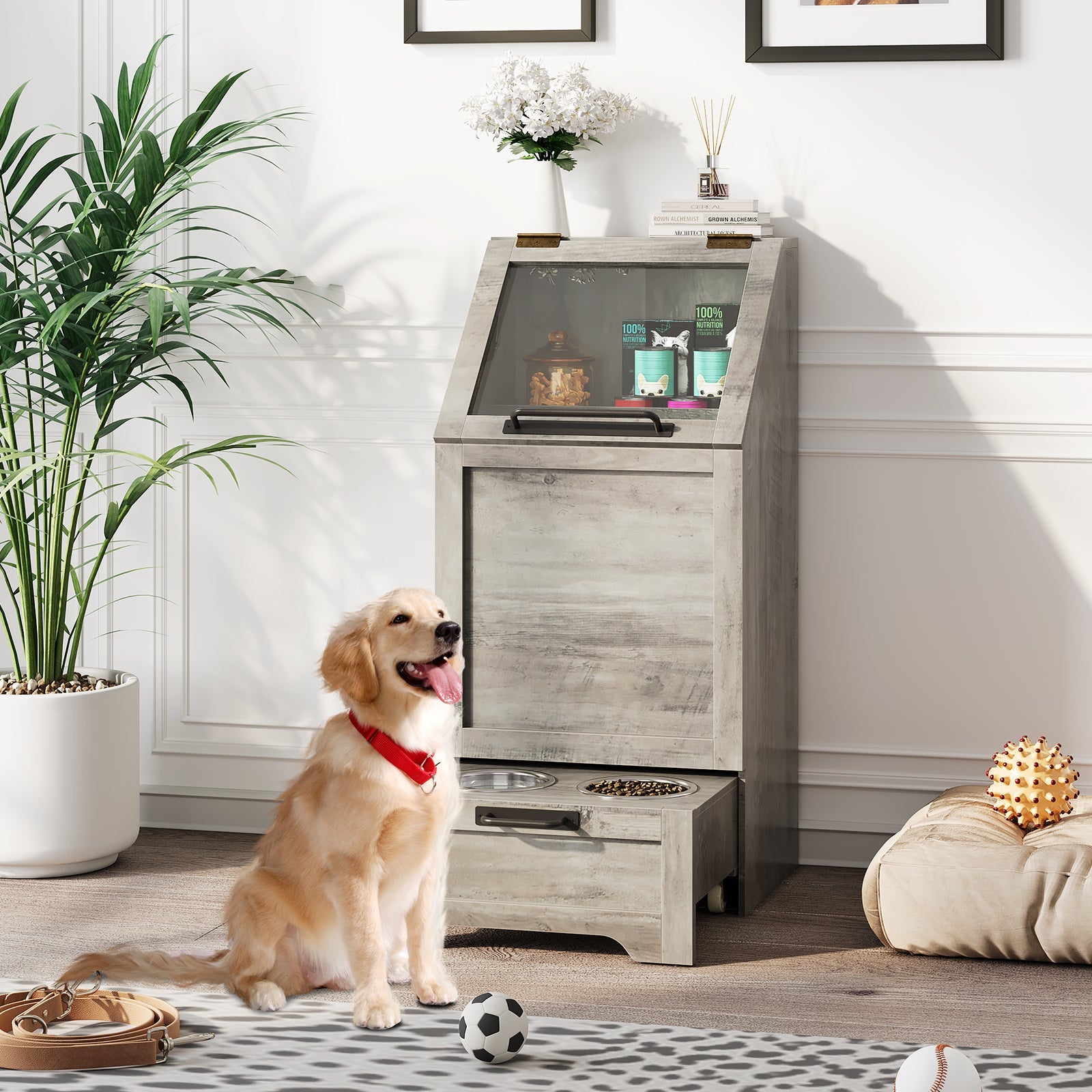 Garvee Pet Food Cabinet,Dog Feeding Station with 2 Elevated Dog Bowls, Dog Food Storage Cabinet,Dog Food Storage Container,Pet Toy Storage Organizer,Modern Dog Storage Cabinet,Grey