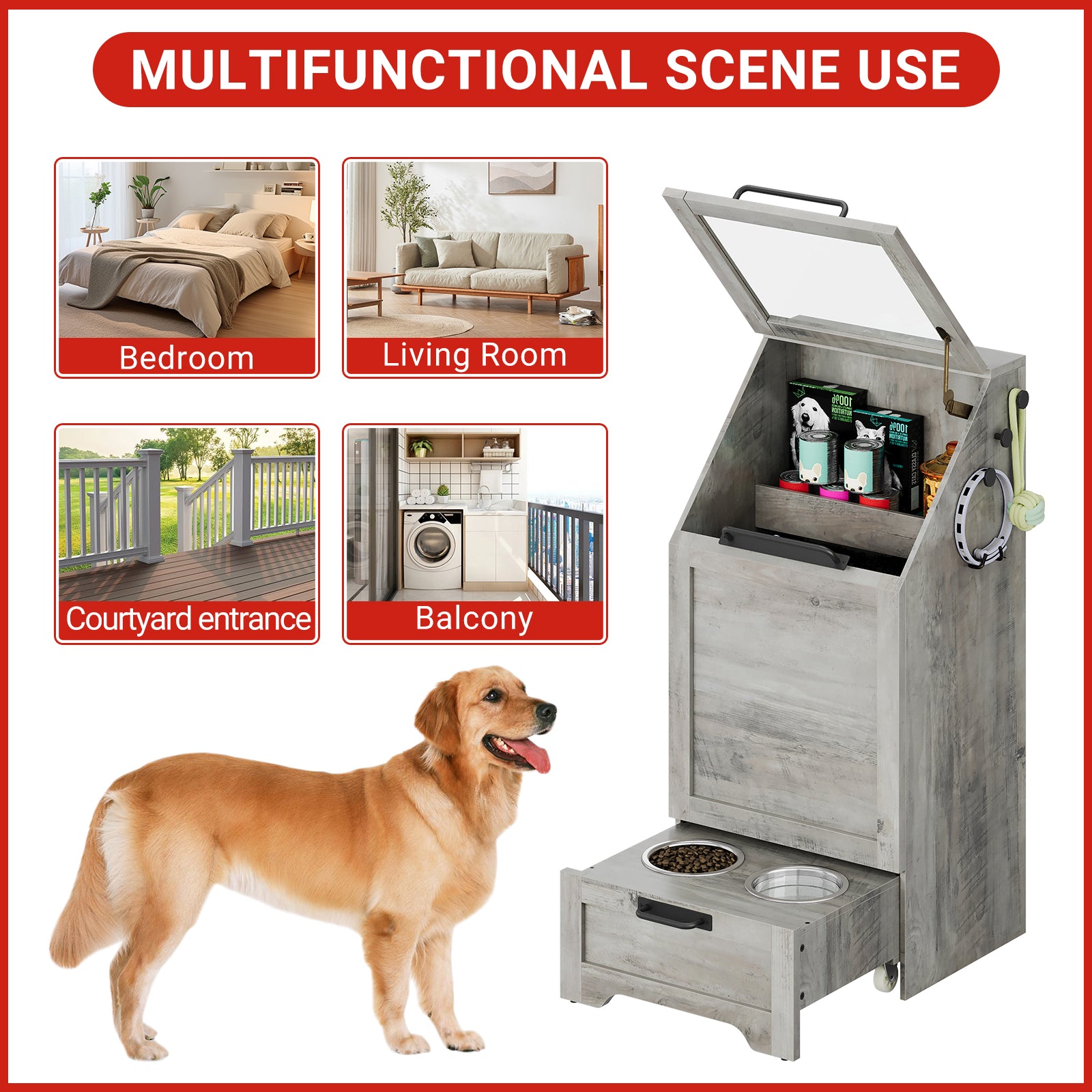 Garvee Pet Food Cabinet,Dog Feeding Station with 2 Elevated Dog Bowls, Dog Food Storage Cabinet,Dog Food Storage Container,Pet Toy Storage Organizer,Modern Dog Storage Cabinet,Grey
