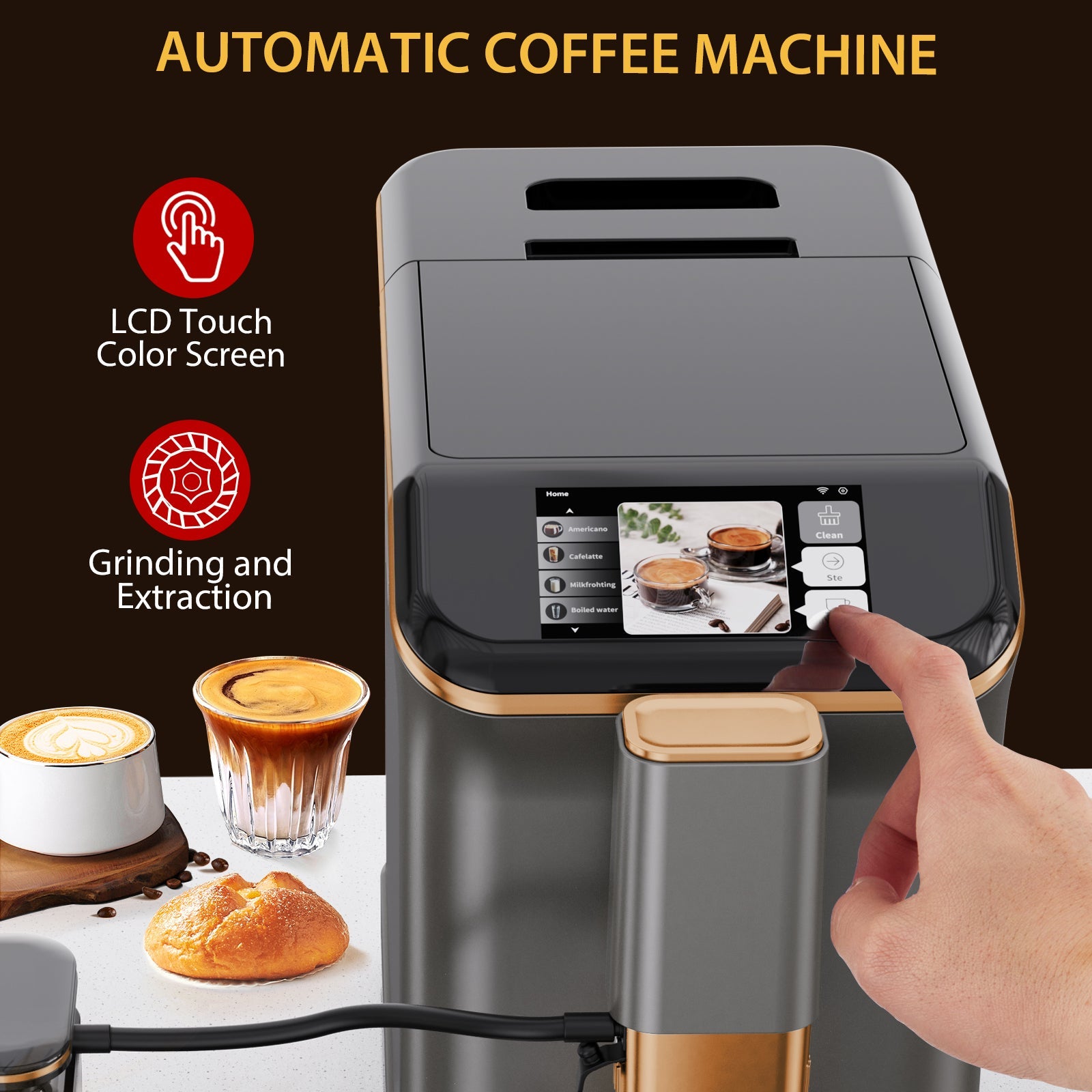 Garvee Best fully automatic espresso machine, Espresso Coffee Machines With Milk Frother Steam Wand, Insulated Milk Container for Cappuccino, Latte, Espresso Maker (20 bar, Gold)