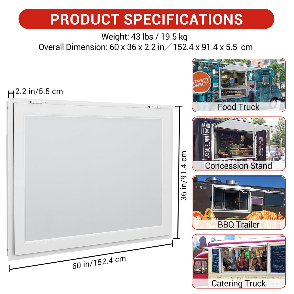 Garvee 60" x 36" Concession Window - Aluminum Alloy Food Truck Service Window with Double-Point Fork Lock & 85° Awning Door (Glass Not Included)