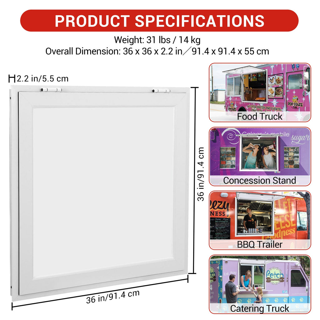 Garvee Concession Window, 36" x 36" Aluminum Alloy Food Truck Service Window, Concession Stand Serving Window Door with Double-Point Fork Lock, Concession Awning Door Up to 85 Degrees, Glass Not Included