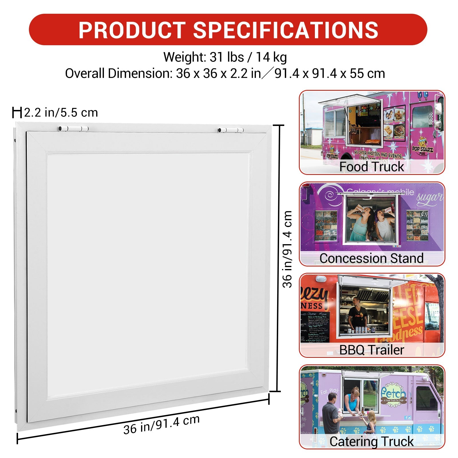 Garvee Concession Window, 36" x 36" Aluminum Alloy Food Truck Service Window, Concession Stand Serving Window Door with Double-Point Fork Lock, Concession Awning Door Up to 85 Degrees, Glass Not Included