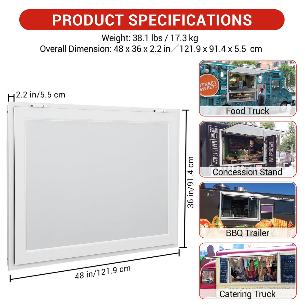 Garvee Concession Window, 48" x 36" Aluminum Alloy Food Truck Service Window, Concession Stand Serving Window Door with Double-Point Fork Lock, Concession Awning Door Up to 85 Degrees, Glass Not Included