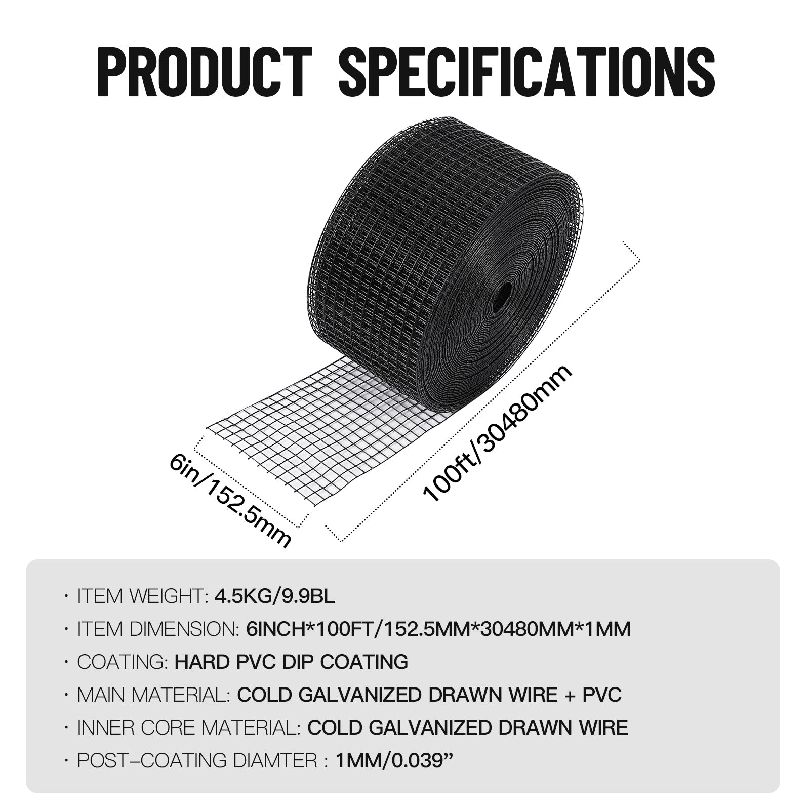 Garvee 6inx100ft Bird Mesh Guard Livestock Chicken& Solar Panel Fencing – Galvanized Steel Wire Screen with PVC Coating, Durable & Easy to Install