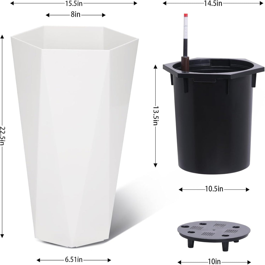 Garvee 22.4 Inch Tall Planters Set of 2 Large Flower Pot Outdoor and Indoor with 2 Trays and a Water Level Monitor and Wheels for Patio, Porch, Living Room, or Home Office, White