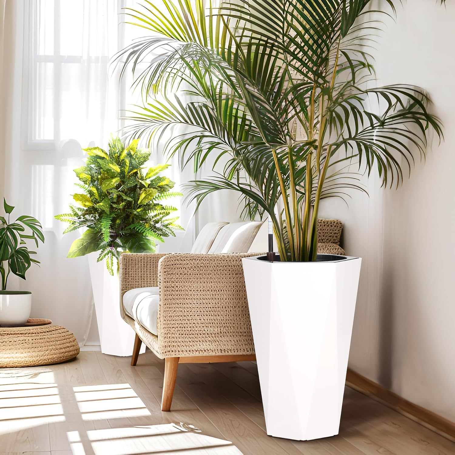 Garvee 22.4 Inch Tall Planters Set of 2 Large Flower Pot Outdoor and Indoor with 2 Trays and a Water Level Monitor and Wheels for Patio, Porch, Living Room, or Home Office, White