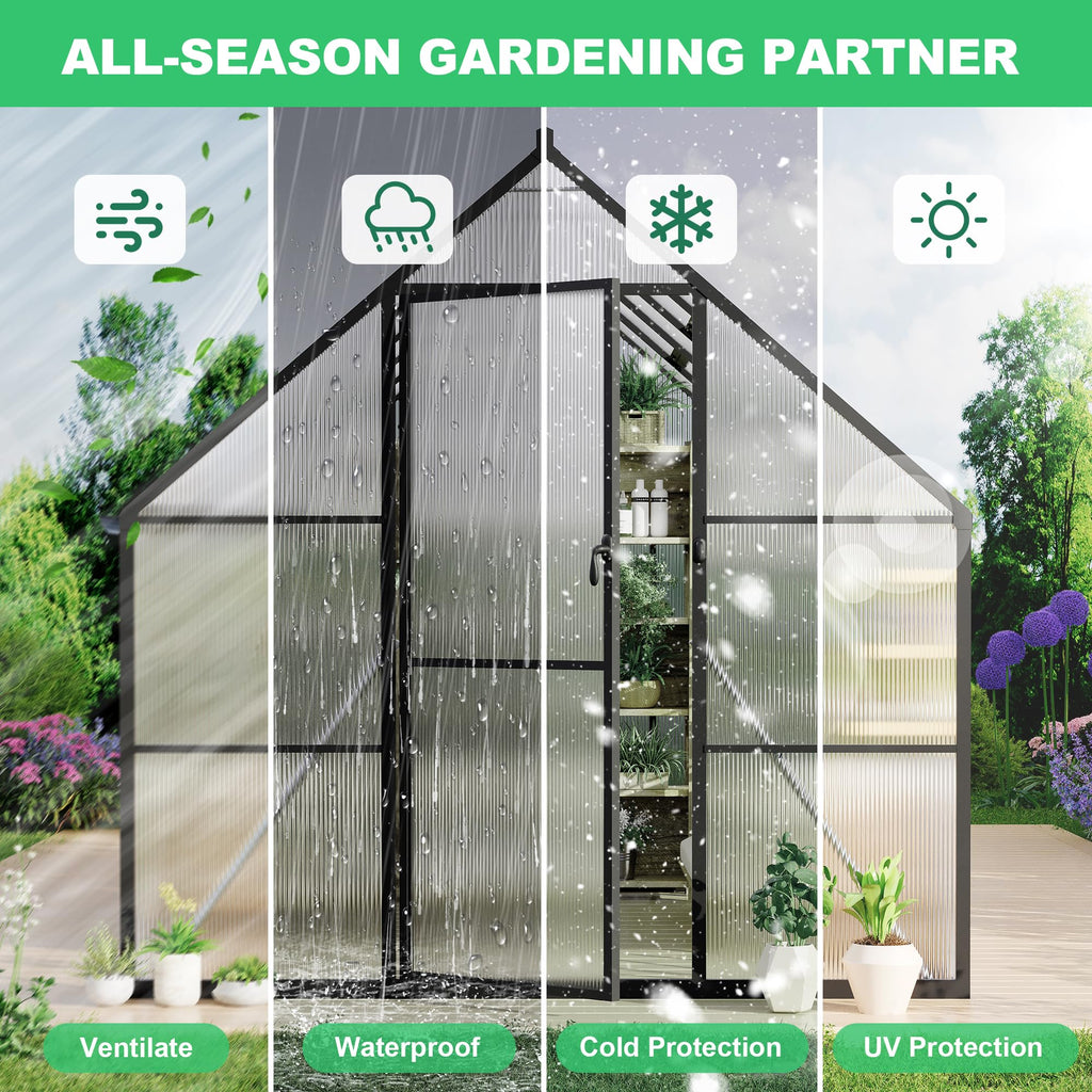 Garvee Heavy Duty Polycarbonate Greenhouse 8x10FT – Outdoor Walk-In Aluminum Frame, Double Swing Doors, Roof Vent, UV Protection, High Wind Resistant, Quick Setup, Garden, Black