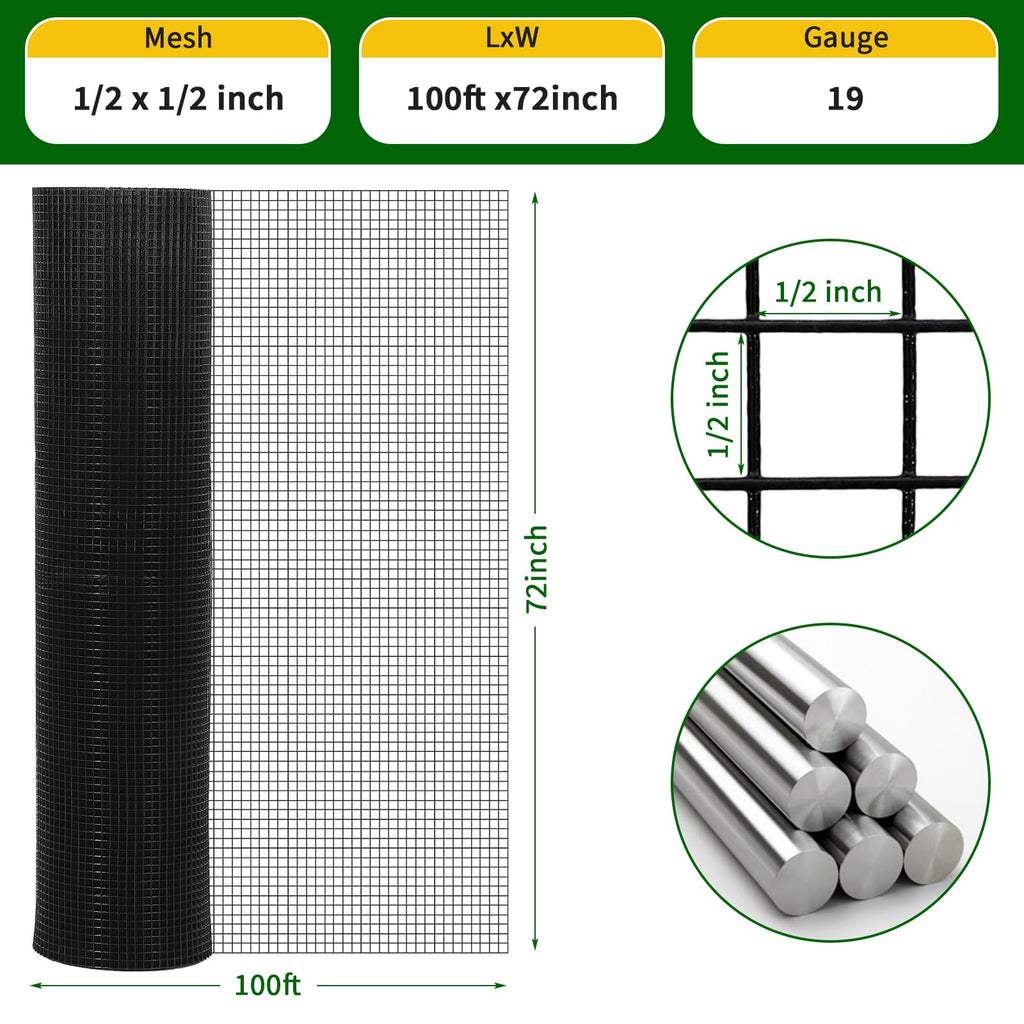 Garvee Hardware Cloth 1/2 Inch Mesh 19 Gauge Galvanized Steel Durable Black Vinyl Coated Garden Poultry Fence 72 Inx100 Ft with Gloves & Ties
