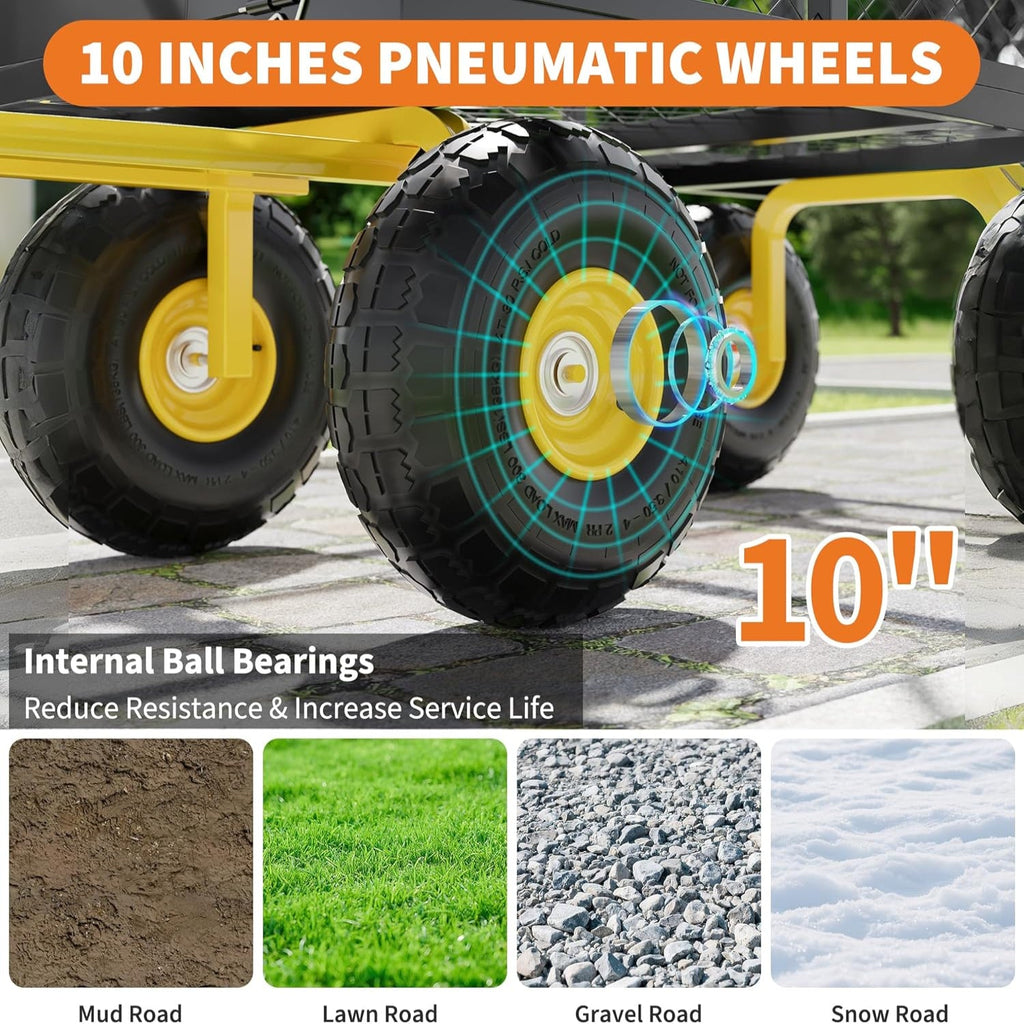 Garvee Garden Wagon 1200 Lbs Load Capacity Heavy-Duty Steel 10-Inch All-Terrain Tires Removable Mesh Panels 180° Rotating Handle Outdoor Use