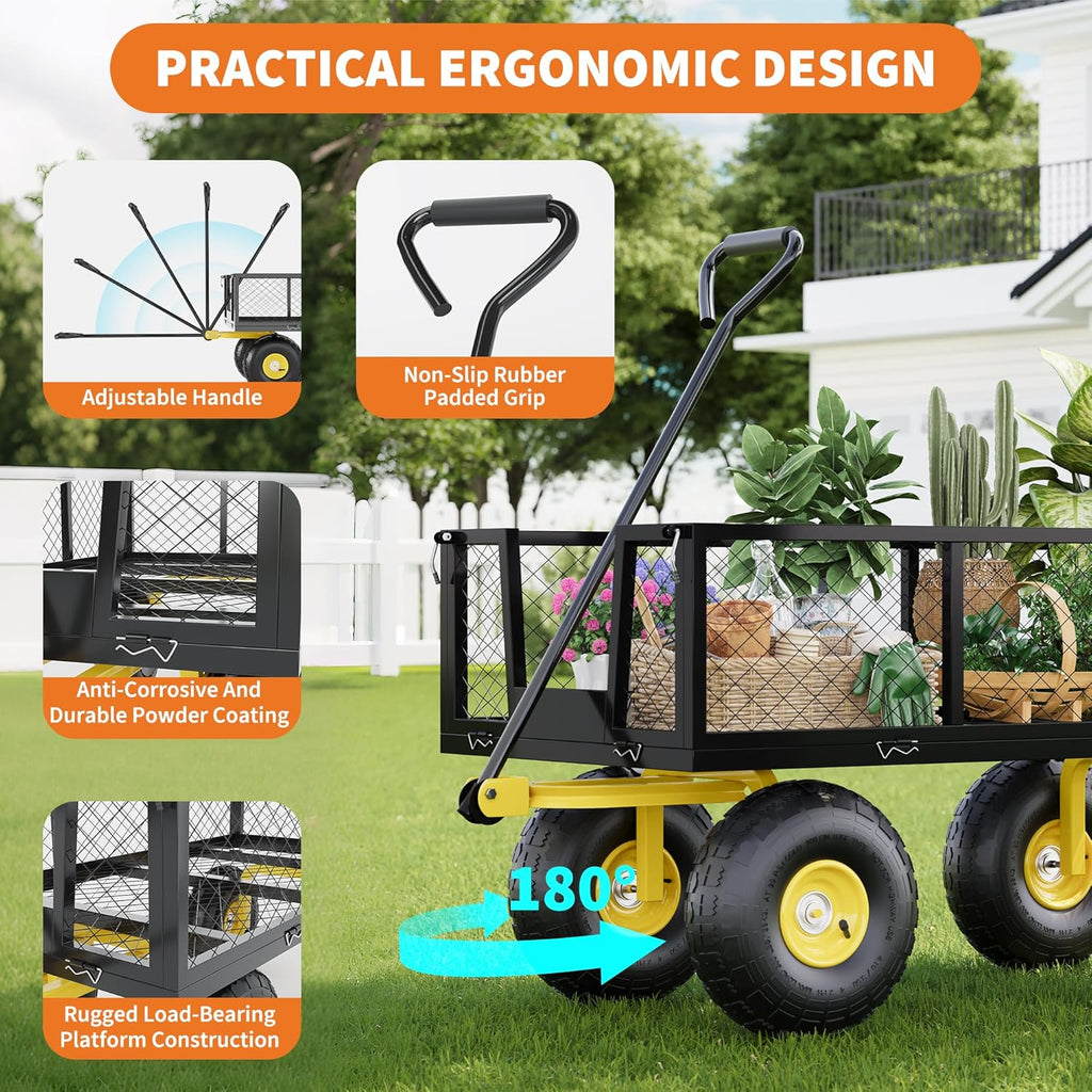 Garvee Garden Wagon 1200 Lbs Load Capacity Heavy-Duty Steel 10-Inch All-Terrain Tires Removable Mesh Panels 180° Rotating Handle Outdoor Use